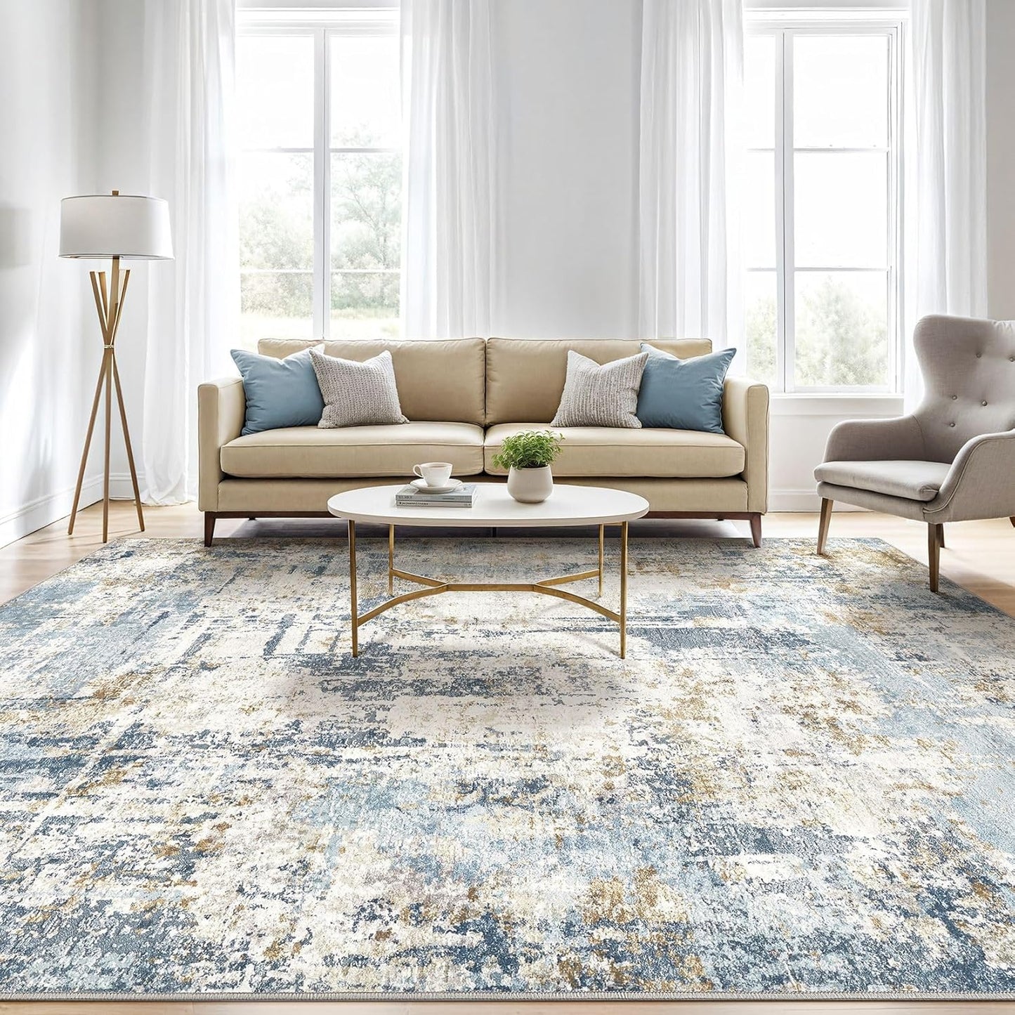 12x15 Area Rugs Washable Rug: Living Room Large Abstract Modern Soft Stain Resistant Indoor Floor Non Slip Accent Carpet for Bedroom Nursery Playroom Office Dining Room Dorm Home House- Blue