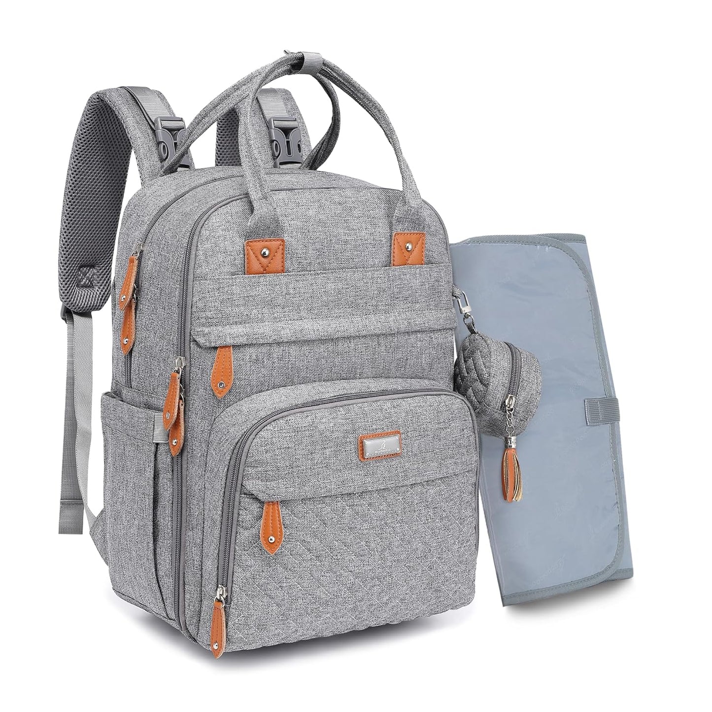 BabbleRoo Diaper Bag Backpack - Baby Essentials Travel Tote - Multi Function Waterproof Diaper Bag, Travel Essentials Baby Bag with Changing Pad, Stroller Straps & Pacifier Case - Unisex, Light Gray