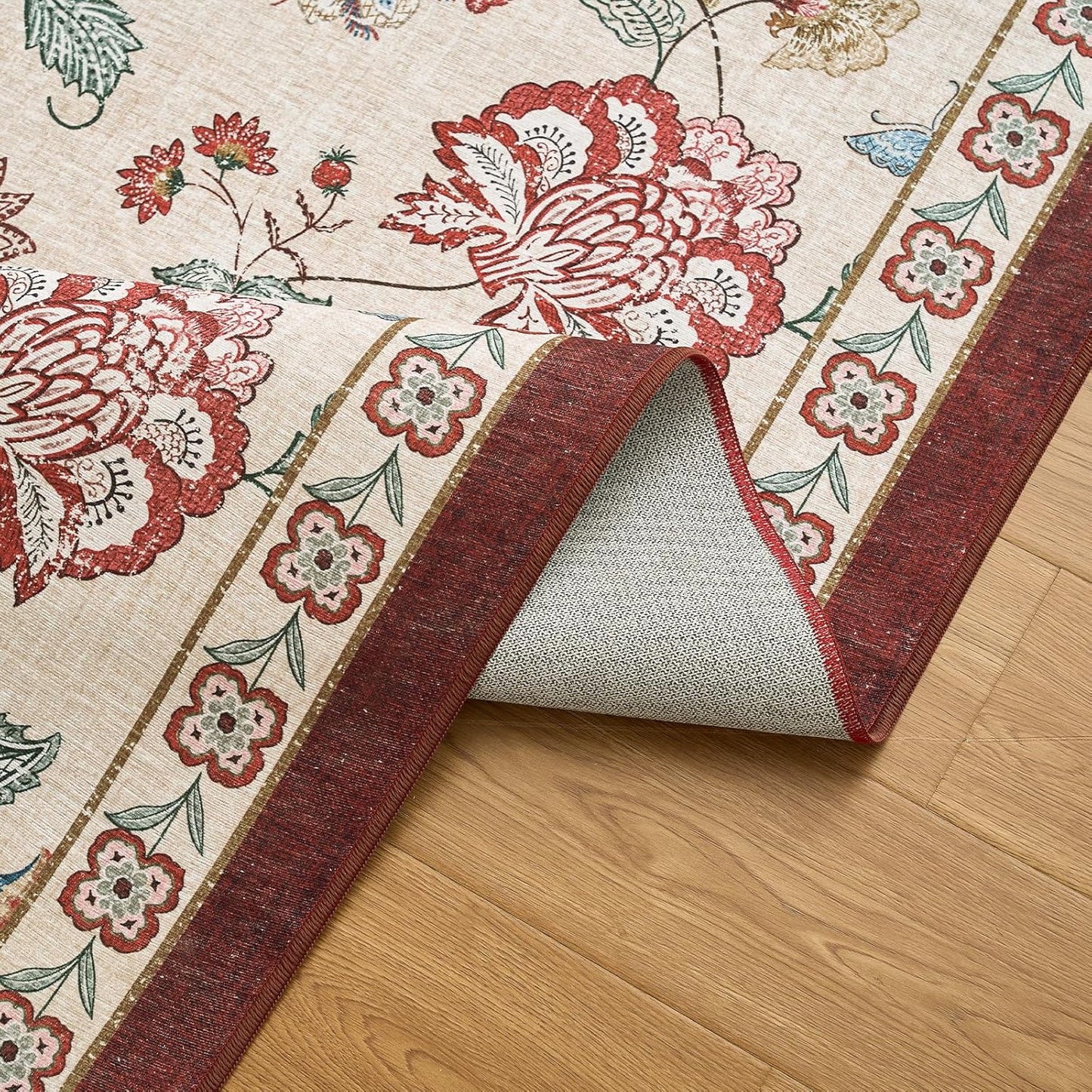 jinchan 2x3 Floral Rug for Entryway Washable Kitchen Rug Vintage Romance Design Small Mat Non Slip Indoor Doormat Lightweight Low-Profile Throw Carpet for Entrance Bathroom Laundry Room, Red/Beige