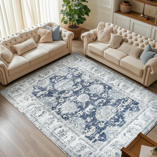 jinchan 9x12 Area Rugs for Living Room - Machine Washable Vintage Floral Distressed Design Stain Resistant Carpet Low Pile Non-Slip Large Rug for Bedroom Dining Room Home Office (9‘x12',Dark Blue)