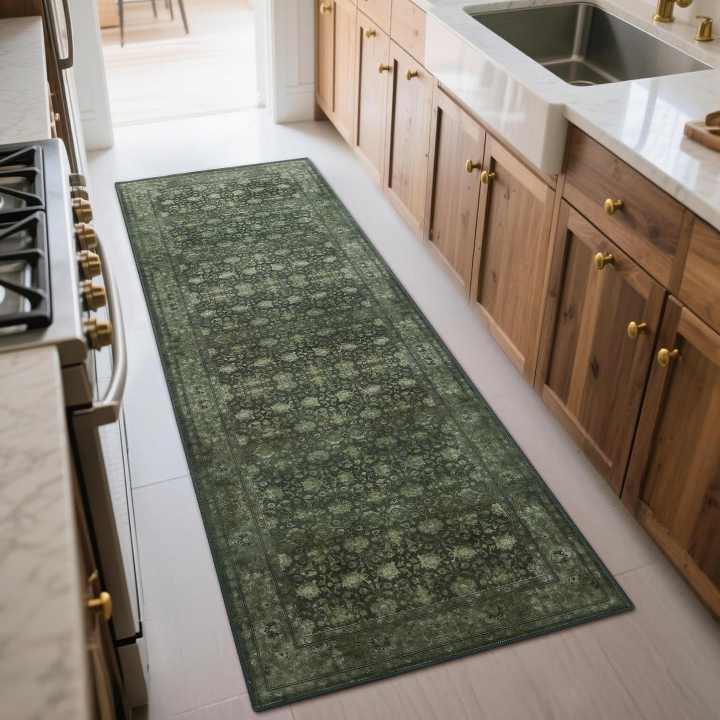 2'6x8' Washable Runner Rug for Hallway, Non Slip Vintage Floral Long Carpet Runners for Entryway, Kitchen, Bathroom, Bedroom, Low Pile Laundry Rugs Rubber Backing (Distressed Green)