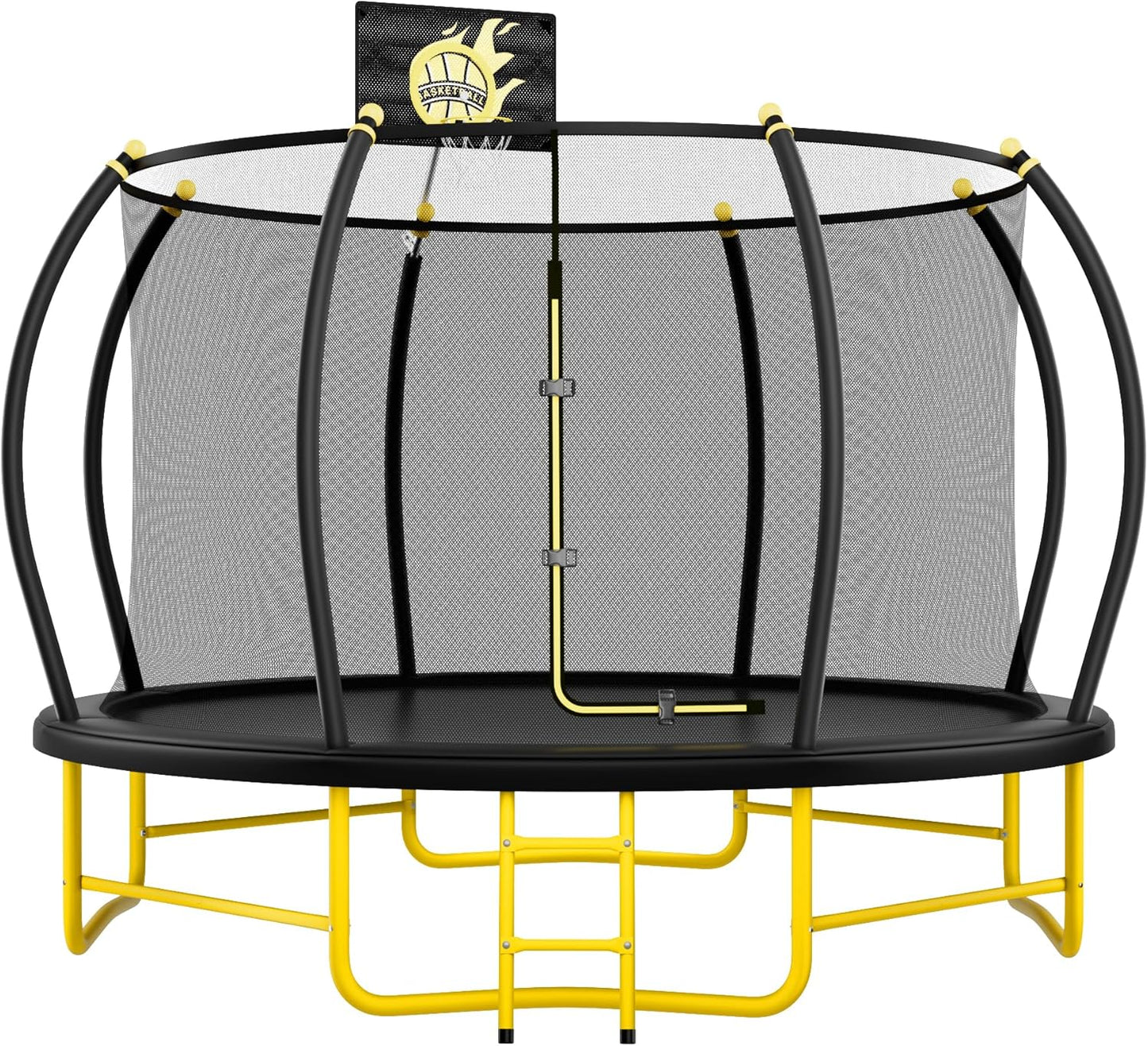 10FT 12FT 14FT 16FT Pumpkin Trampoline for Kids Adults, ASTM Approved Outdoor Recreational Trampoline with Basketball Hoop, Enclosure Net, Yellow