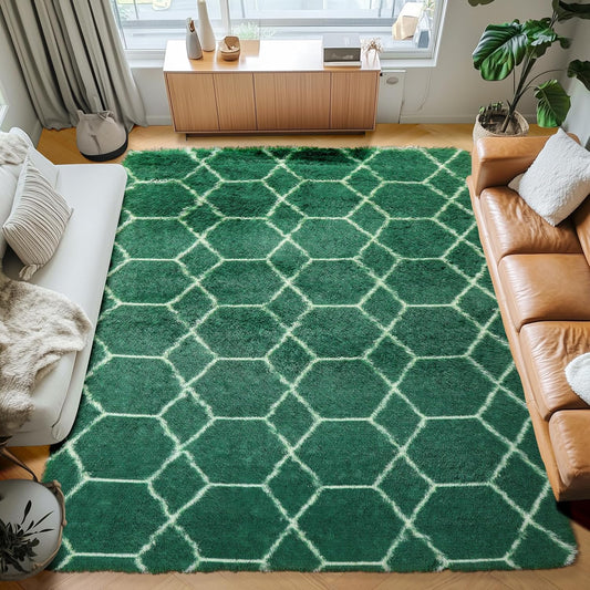 ONASAR Area Rugs for Living Room Bedroom, 5x8 Washable Fluffy Dark Green and White Rug, Geometric Boho Soft Plush Shaggy Fuzzy Floor Carpet for Nursery Kids Girls Boys Teen Dorm Home Decor Aesthetic