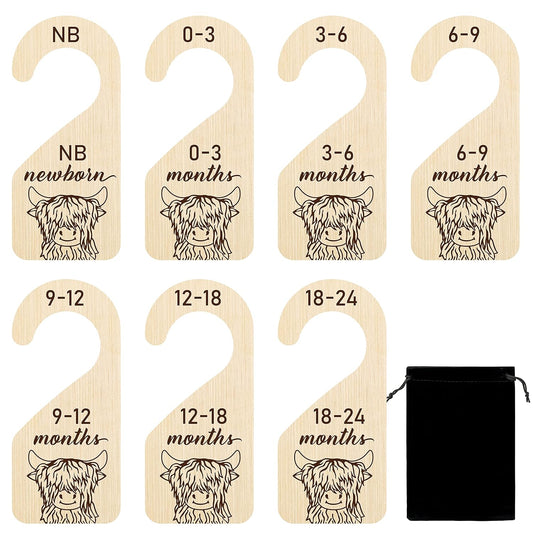 R HORSE 8Pcs Highland Cow Baby Closet Dividers, Double Sided Baby Closet Organizers Nursery Hanger Dividers Wood Size Dividers for Boy Girl Birthday Christmas Gift (0-24 Months)