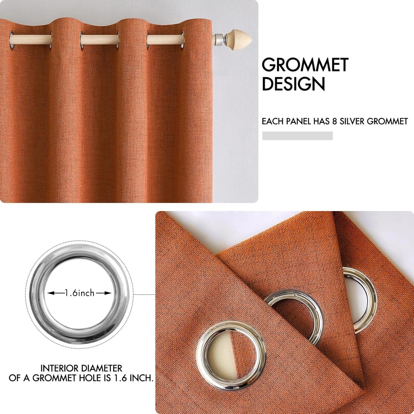 MIULEE 100% Blackout Linen Curtains for Bedroom Thermal Insulated Orange Grommet Room Darkening Curtains & Drapes Fall Decor for Living Room Nursery 52 x 96 Inch (2 Panels)