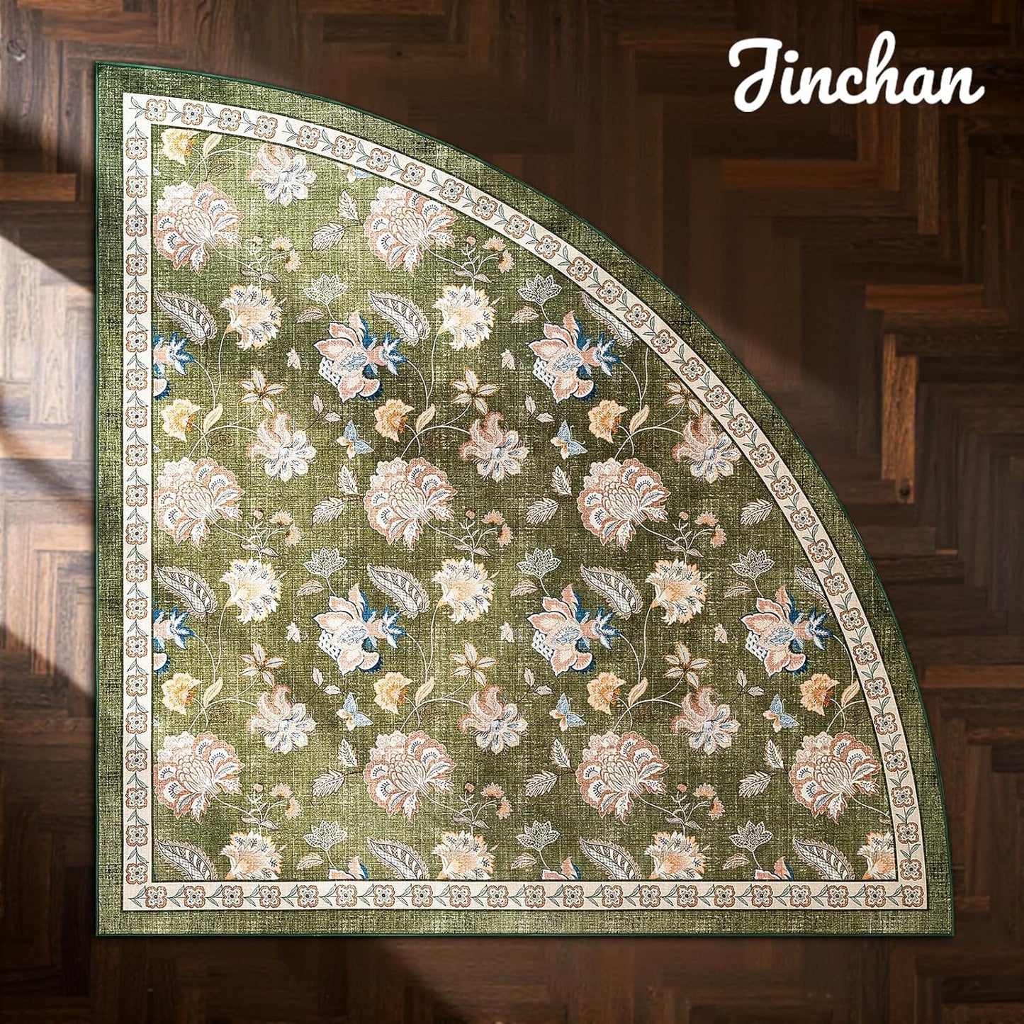 jinchan Floral Corner Rug for Kitchen Washable Nursery Rug Vintage Romance Design Non Slip Quarter Circle Lightweight Low-Pile Throw Carpet for Playroom Reading Nook Office, 5ft Radius, Green