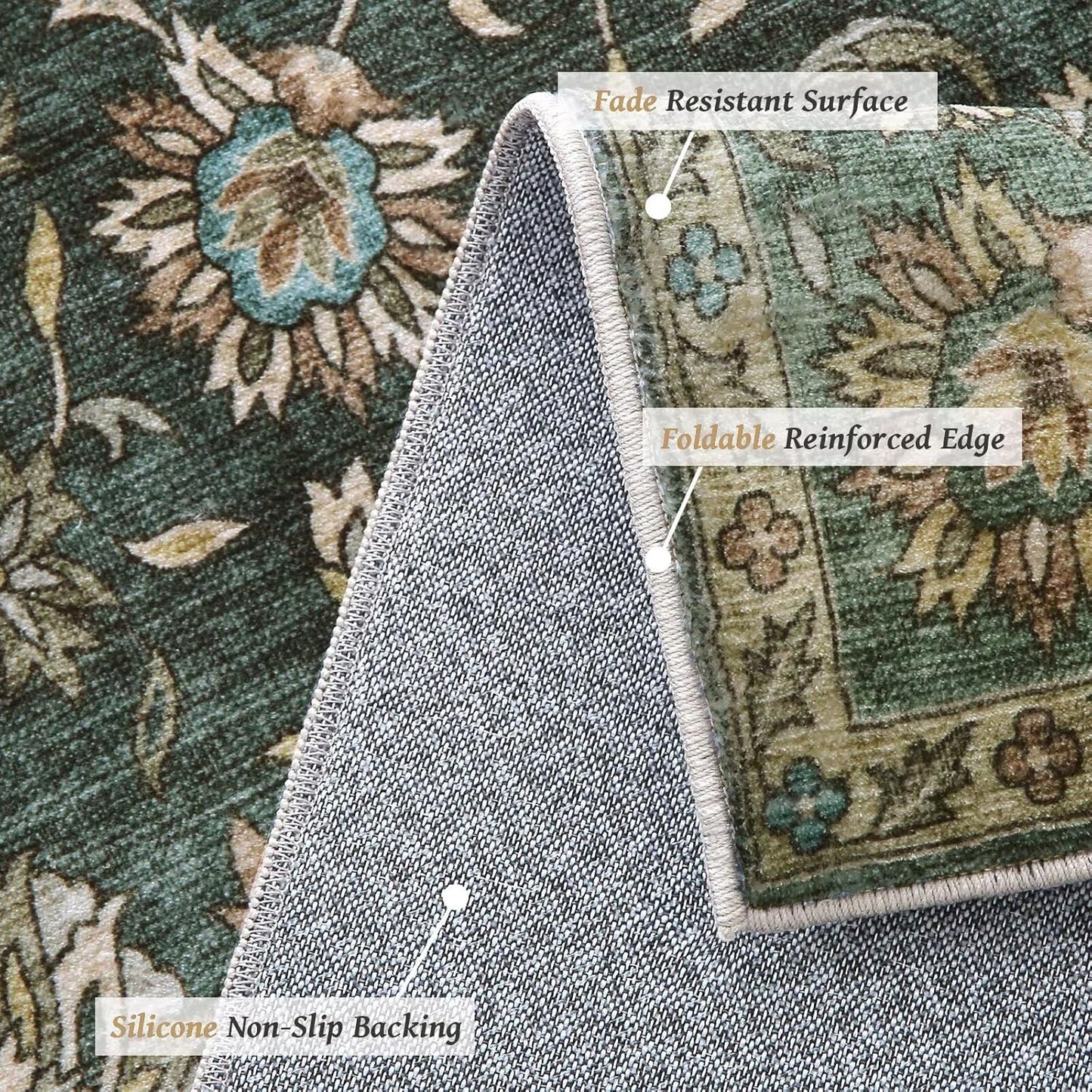 Washable 10x14 Area Rugs for Living Room, Boho Non-Slip Silicone Backing Rugs for Bedroom Dining Room Office, 0.3" Neutral Oriental Throw Carpet with 0.16" Cushioning Pad, Sage Green/Multi