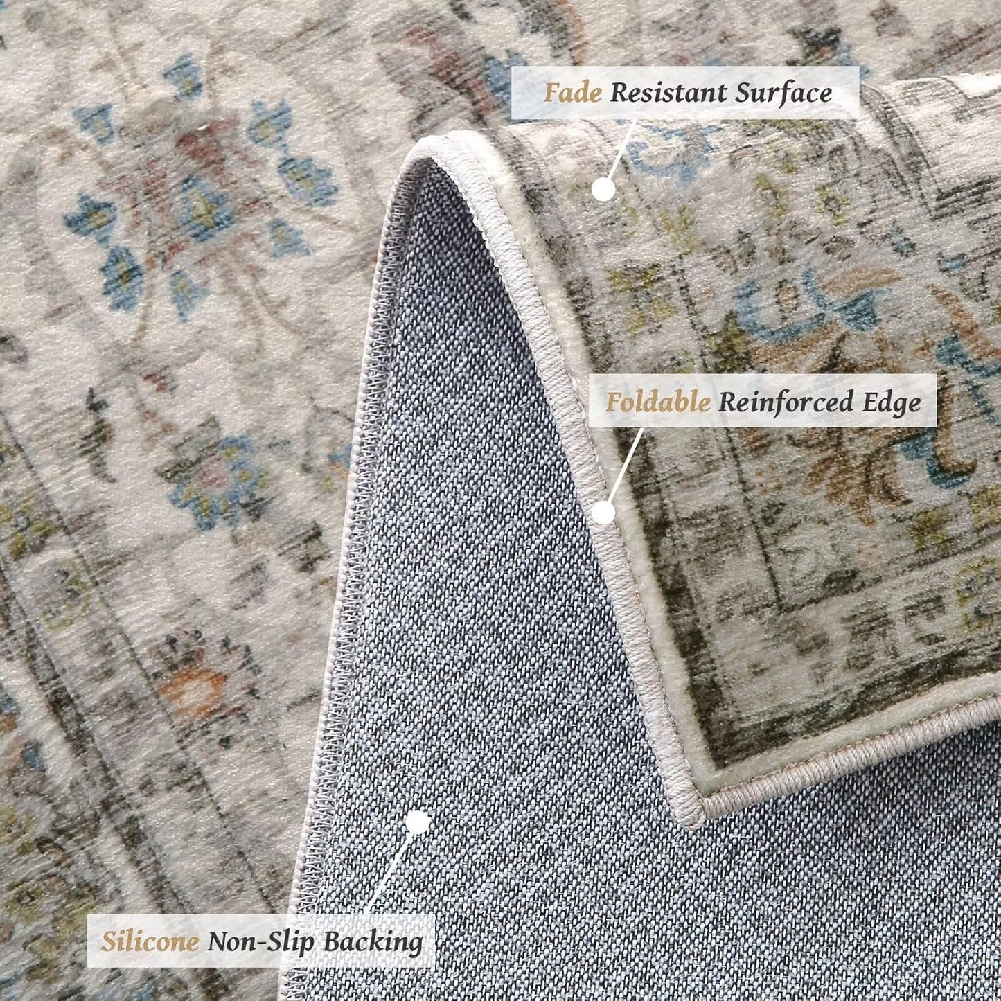 Washable 4x6 Rugs for Living Room, Boho Non-Slip Silicone Backing Small Rugs for Bedroom Nursery Office, 0.3" Neutral Oriental Throw Carpet with 0.16" Cushioning Pad, Cream/Multi