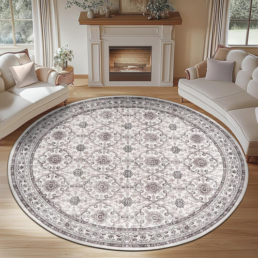 jinchan Round Rug 8ft Washable Circle Soft Rug - Low Pile Vintage 8'Round Indoor Beige Floral Print Stain Resistant Boho Carpet Ultra-Thin Non-Slip for Living Room Bedroom Dining Room Kitchen