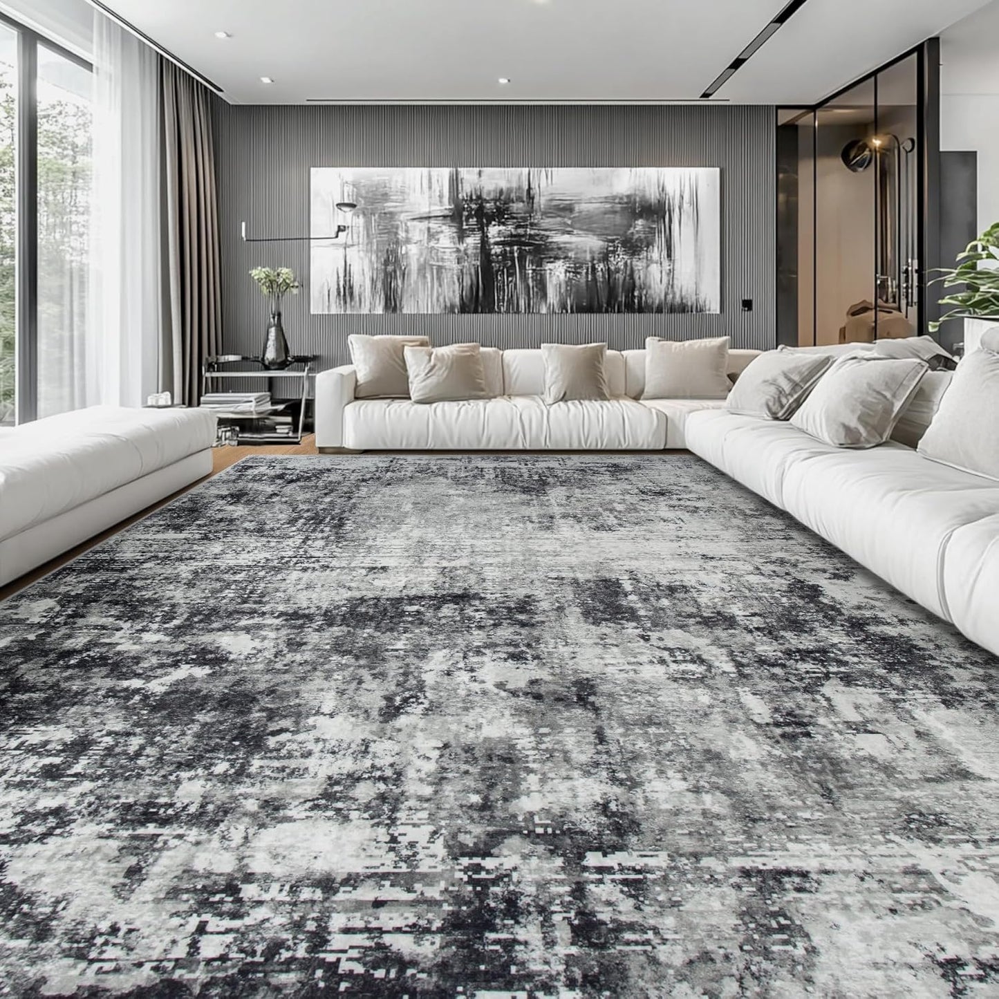 10x14 Area Rugs Large Living Room Rug Washable: Modern Abstract Rug Indoor Modern Carpet Non Slip for Dining Room Bedroom Nursery Home Office Black Grey