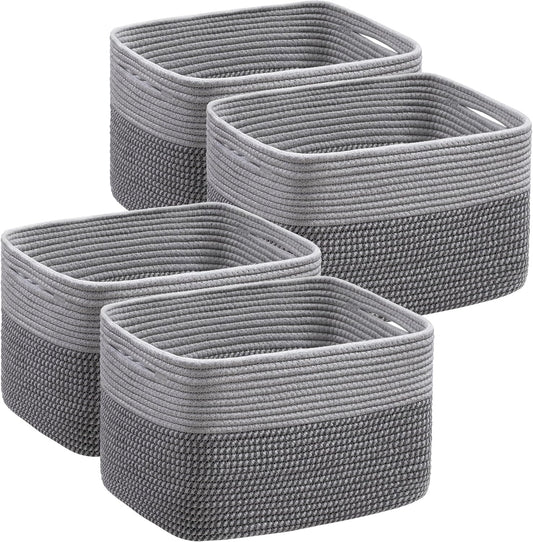 UBBCARE 4 Pack Baskets for Organizing, Woven Storage Baskets for Toys and Towel, Rectangle Cotton Rope Basket with Handles, 15''L x10''W x9''H, Mixed Grey