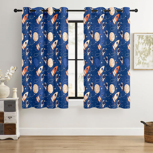 Kids Space Astronaut and Rocket Blackout Curtains - 100% Blackout, Thermal Insulated, Noise Reducing, Perfect for Kids Room and Nursery, 2 Panels (Orbiting Astronauts, W52×L63)