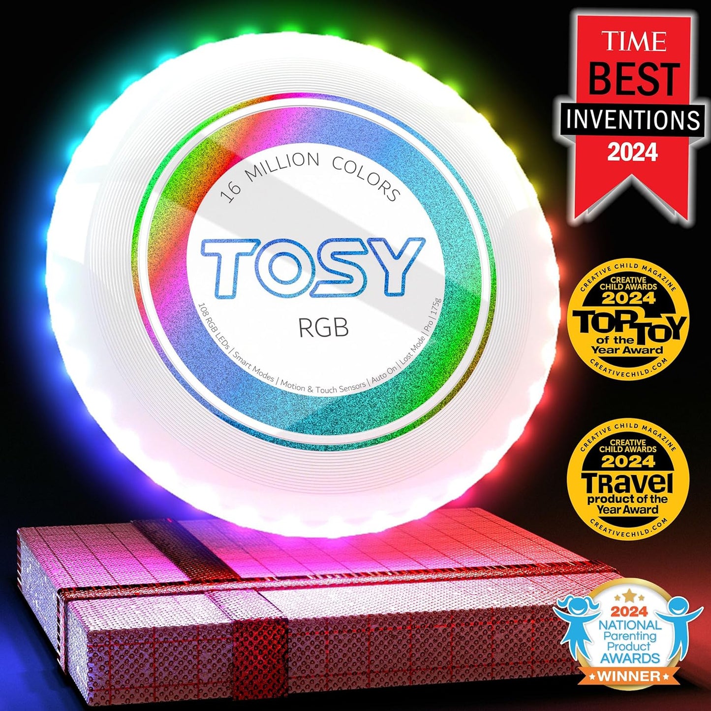 TOSY Flying Disc - 16 Million Colors RGB or 36 LEDs, Extremely Bright, Smart Modes, Camping Essentials for Teens/Kids/Adults/Men/Boys/Girls, Auto Light Up, Rechargeable, Waterproof, 175g