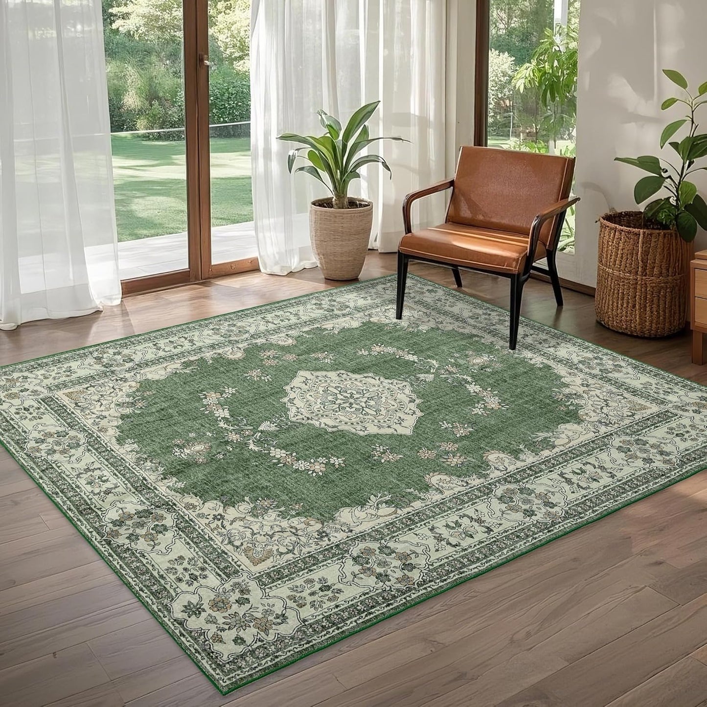 6x9 Area Rugs Washable: Oriental Soft Area Rug for Living Room Bedroom No Shedding - Low Pile Thin Carpet Rug for Dining Room Non Slip - Boho Vintage Rug for Home Decor - Olive Green