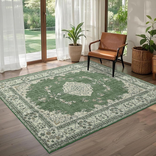 6x9 Area Rugs Washable: Oriental Soft Area Rug for Living Room Bedroom No Shedding - Low Pile Thin Carpet Rug for Dining Room Non Slip - Boho Vintage Rug for Home Decor - Olive Green