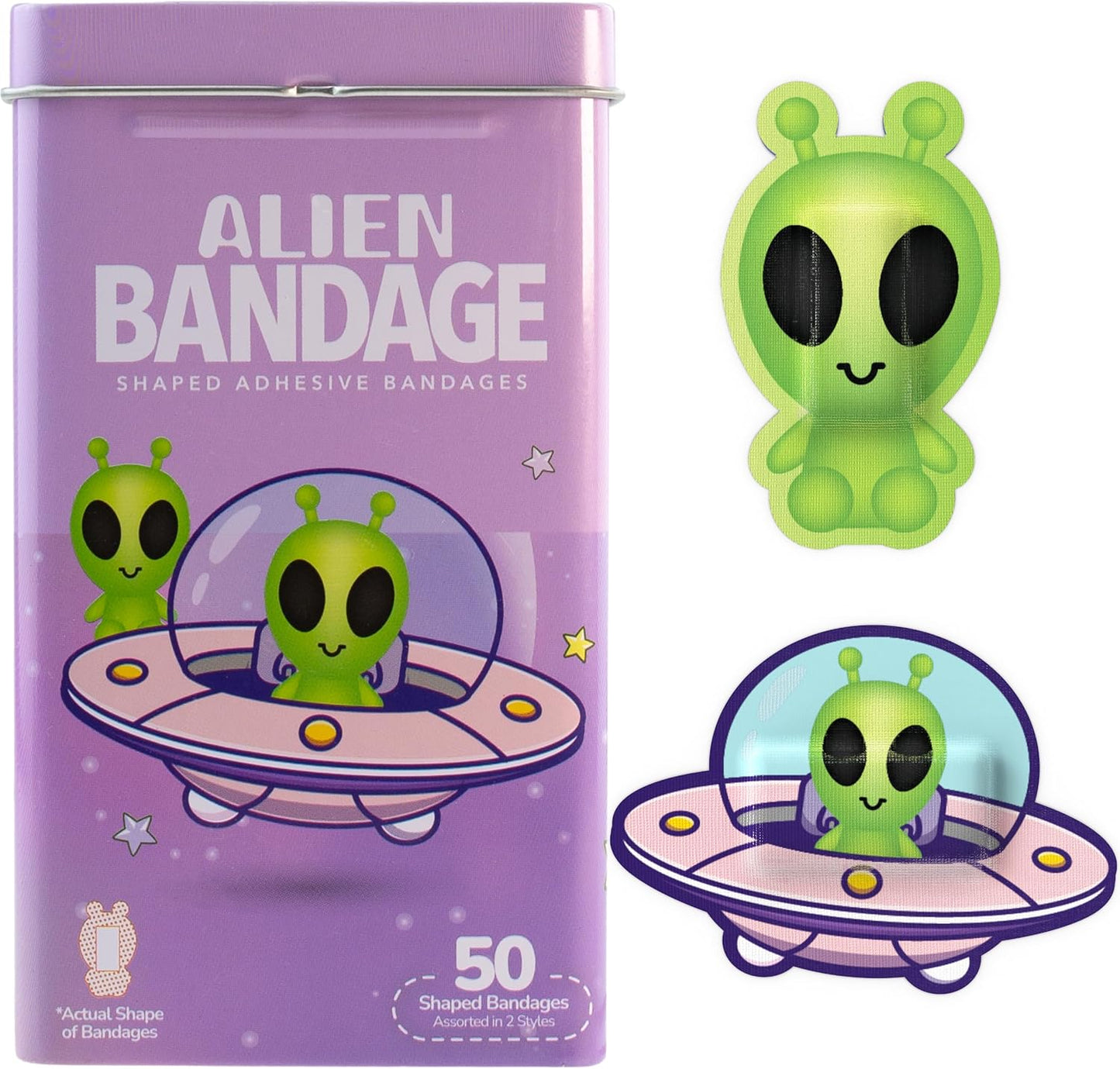BioSwiss Bandages, Halloween Alien Shaped Self Adhesive Bandage, Latex Free Sterile Wound Care, Fun First Aid Kit Supplies for Kids, 50 Count