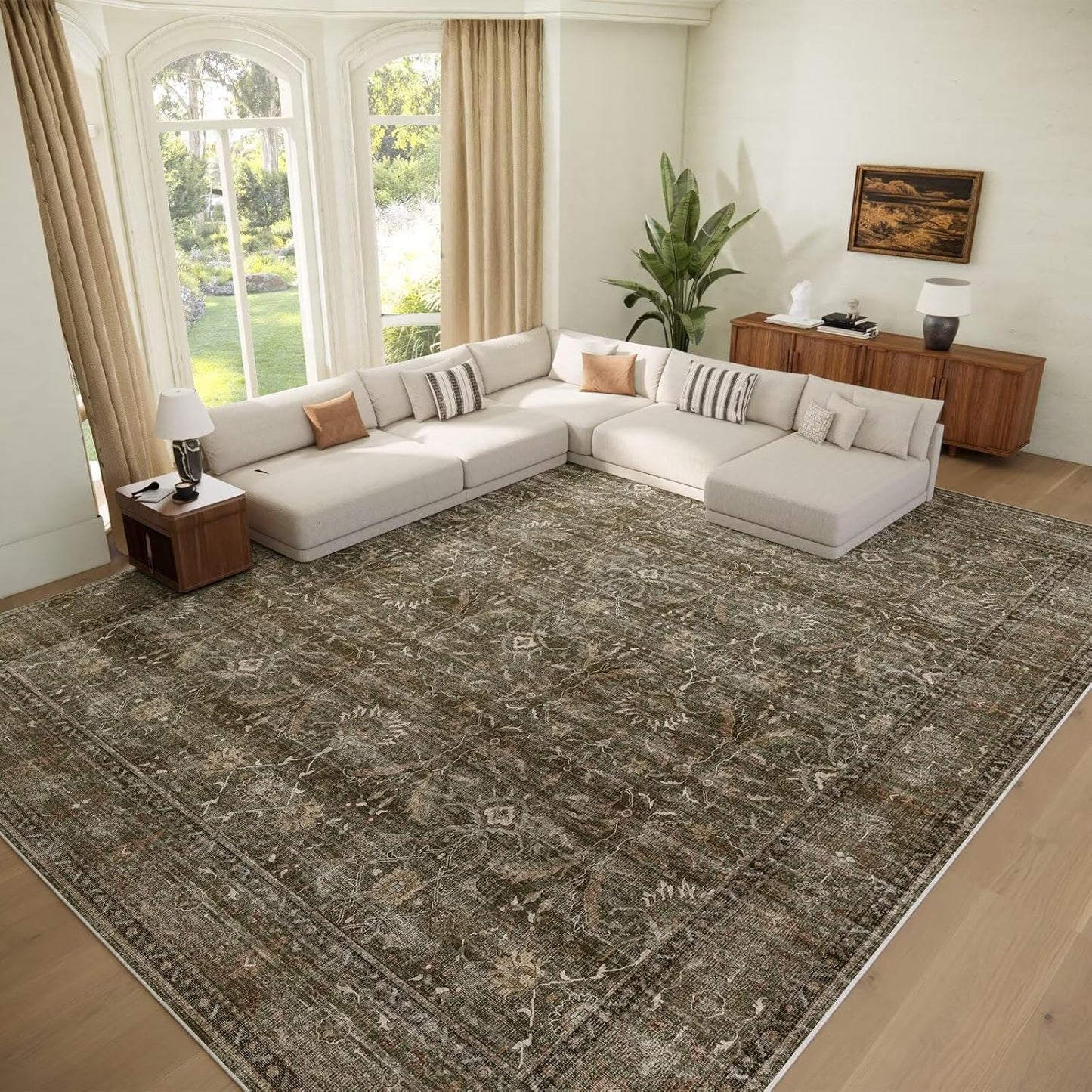 Washable 10x14 Area Rugs for Living Room, Boho Non-Slip Silicone Backing Rugs for Bedroom Dining Room Office, 0.3" Neutral Oriental Throw Carpet with 0.16" Cushioning Pad, Deep Brown/Multi