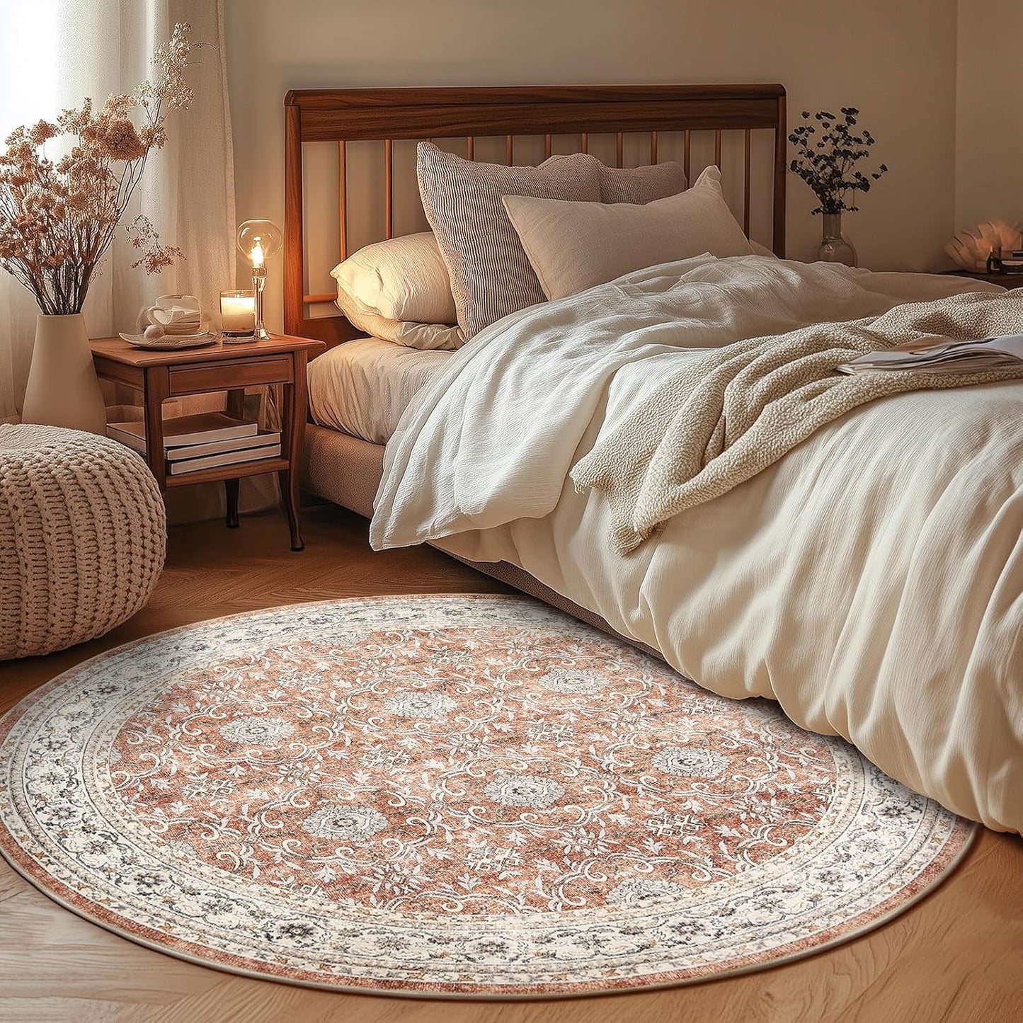 jinchan Round Rug 6ft Washable Circle Soft Rug - Low Pile Vintage 6'Round Indoor Orange Floral Print Stain Resistant Boho Carpet Ultra-Thin Non-Slip for Living Room Nursery Bedroom Dining Room Kitchen