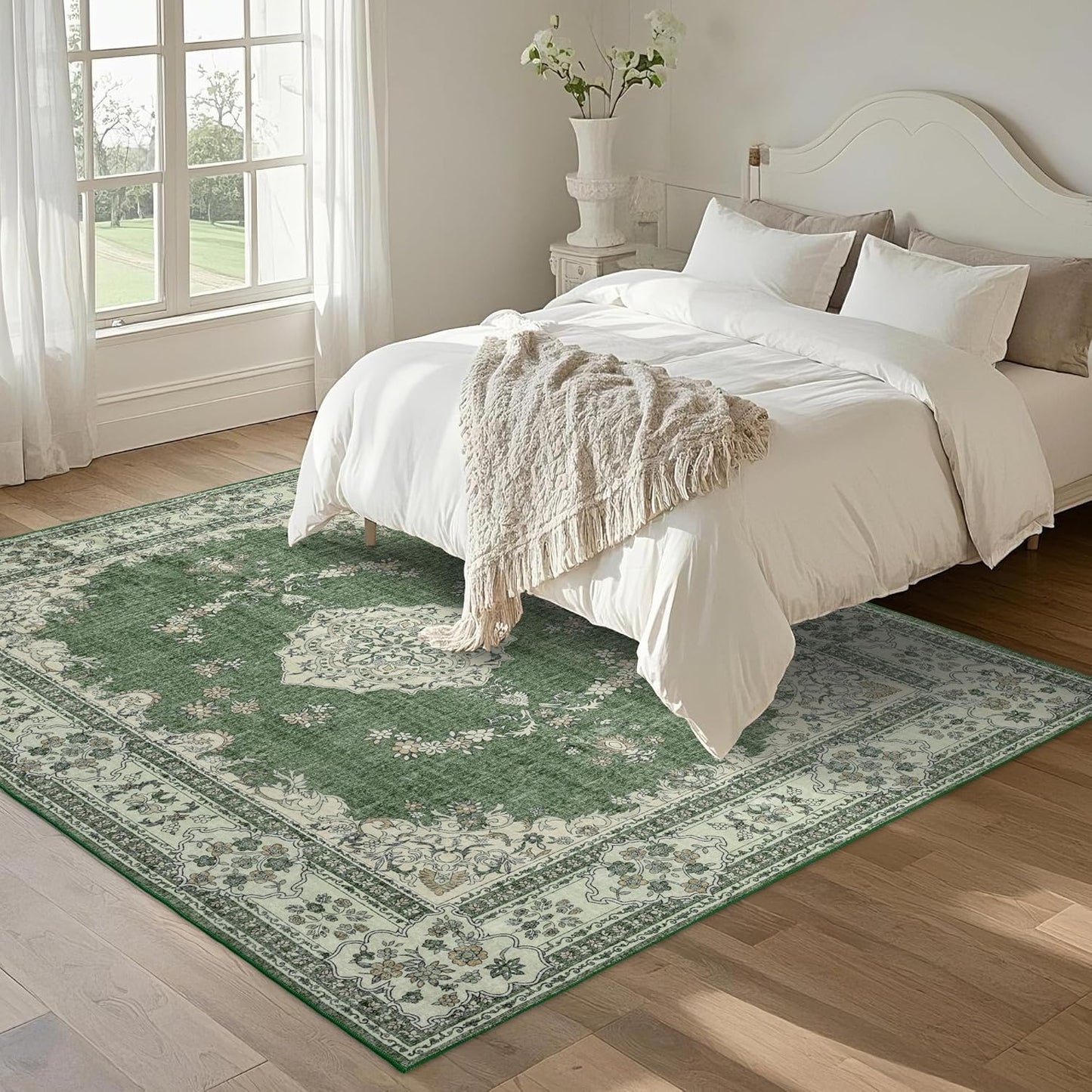 6x9 Area Rugs Washable: Oriental Soft Area Rug for Living Room Bedroom No Shedding - Low Pile Thin Carpet Rug for Dining Room Non Slip - Boho Vintage Rug for Home Decor - Olive Green