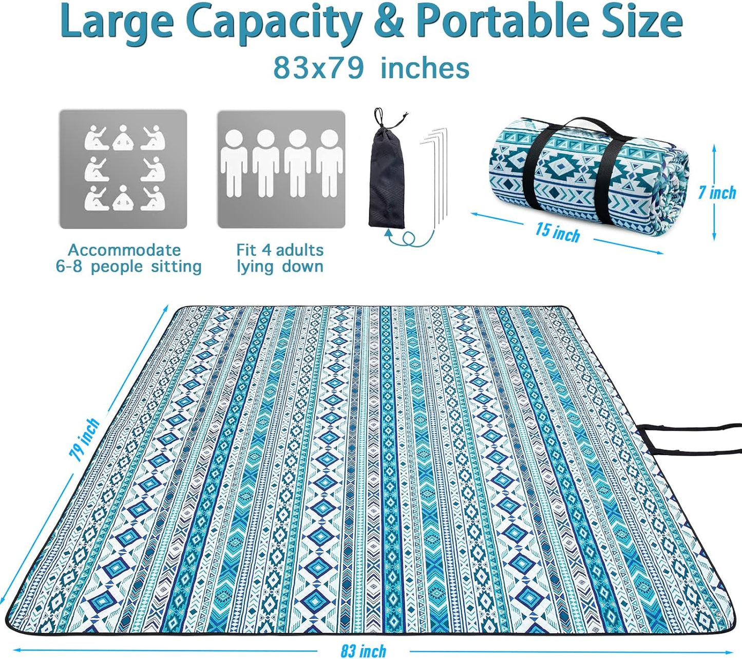 PY SUPER MODE Picnic Blankets Extra Large, Waterproof Foldable Outdoor Beach Blanket Oversized 83x79” Sandproof, 3-Layer Picnic Mat for Camping, Hiking, Travel, Park, Concerts(Teal Boho)