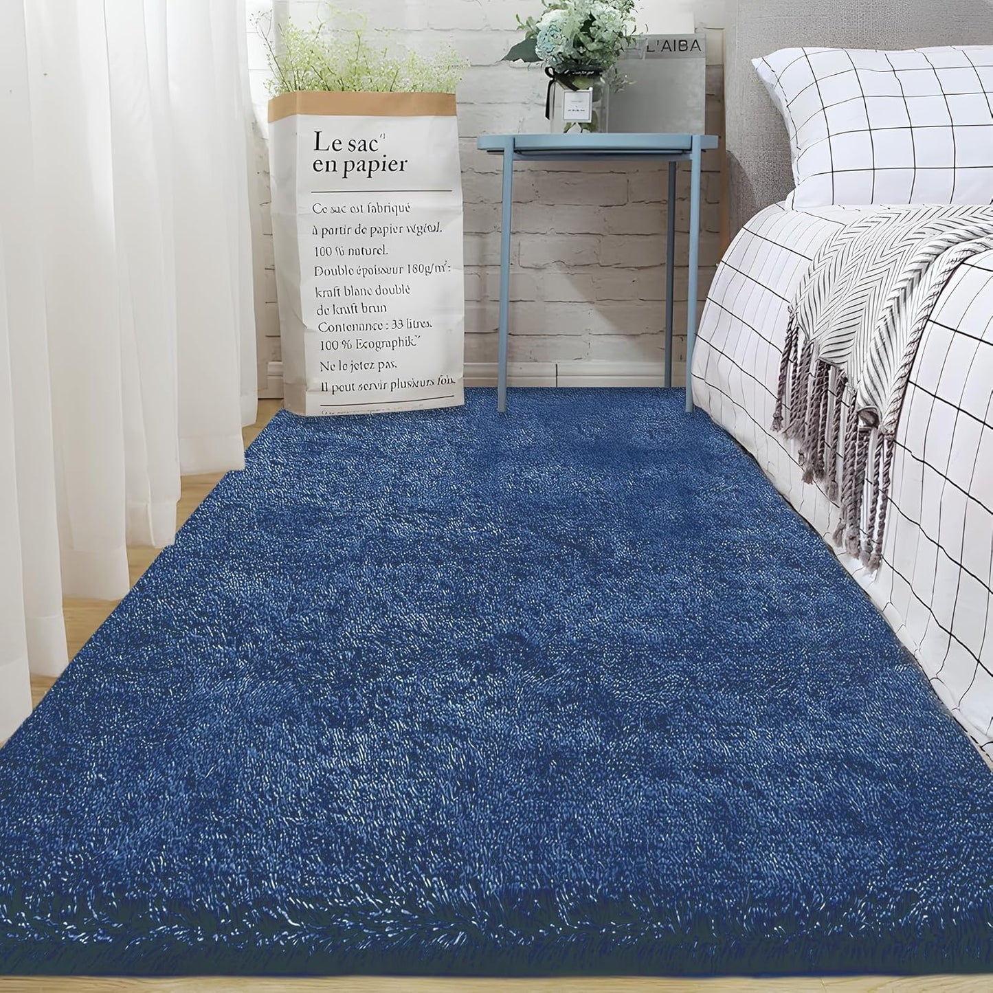 2x6 Runner Rug for Bedroom: Fluffy Shag Soft Washable Rugs Small Fuzzy Plush Indoor Carpet for Hallway Bedside Dorm Kids Girls Boys Room (Navy Blue, 2'x6')