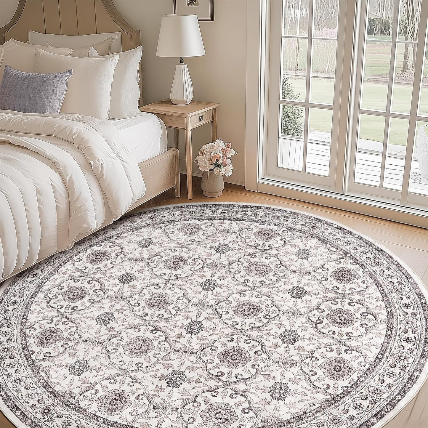 jinchan Round Rug 7ft Washable Circle Soft Rug - Low Pile Vintage 7'Round Indoor Beige Floral Print Stain Resistant Boho Carpet Ultra-Thin Non-Slip for Living Room Bedroom Dining Room Kitchen