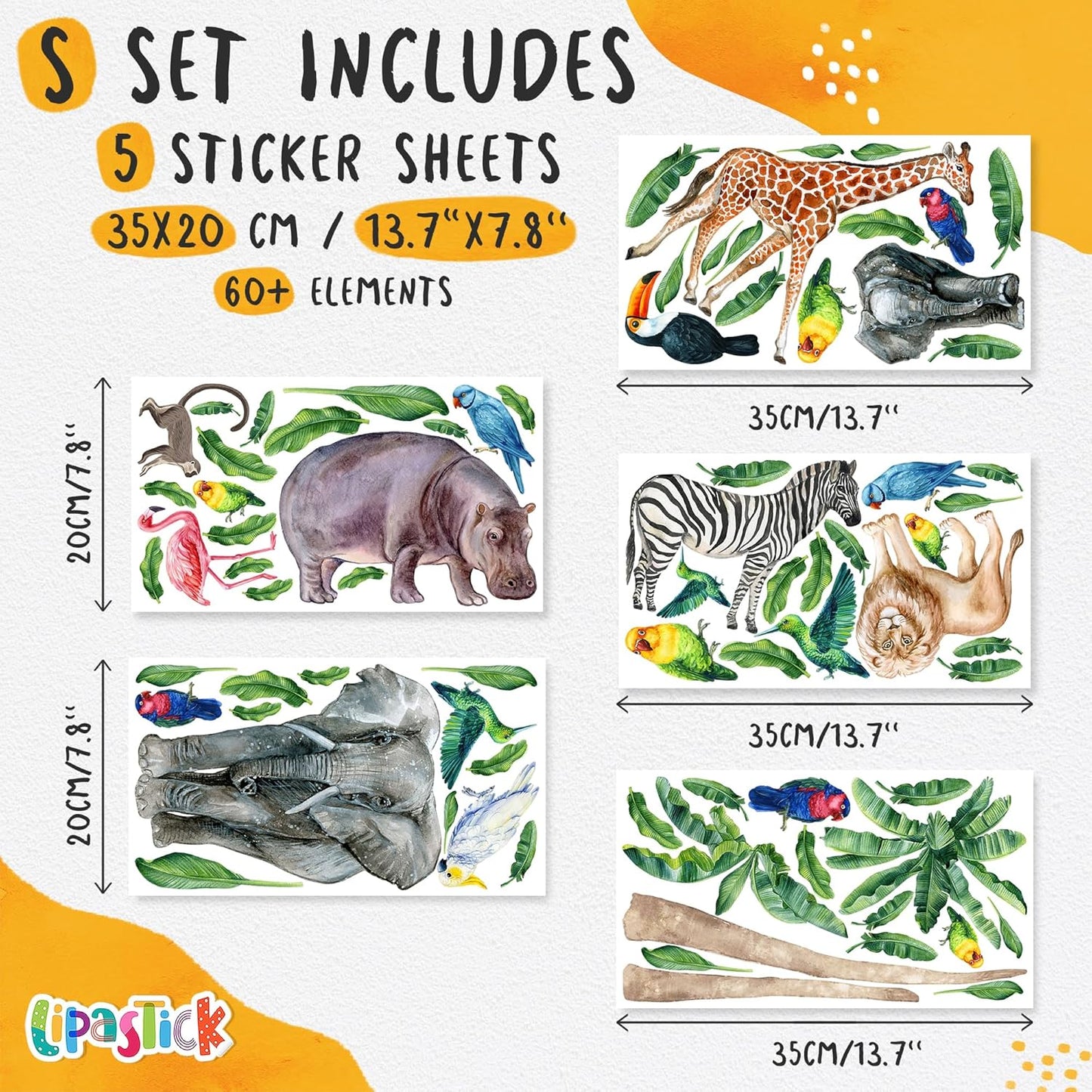 Safari Animal Wall Decals for Kids by Lipastick-Peel and Stick Jungle Stickers Giraffe, Elephant, Hippo, Palm Tree, Parrot for Toddlers Room, Nursery, Playroom, Classroom, Daycare Decor Art- S Size