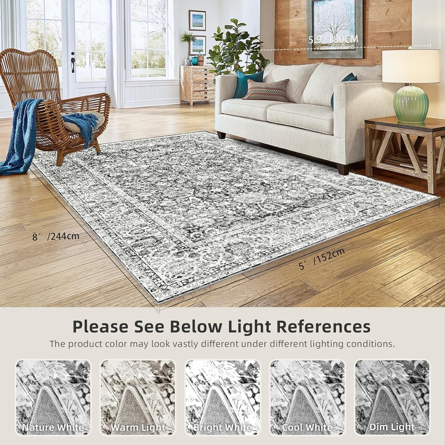 Grey 5x8 Area Rugs for Living Room Machine Washable Rugs Boho 5x8 Rug for Living Room Carpet Non-Slip Family & Pet Friendly Area Rugs Print Floor Rug(Vintage 5x8ft)