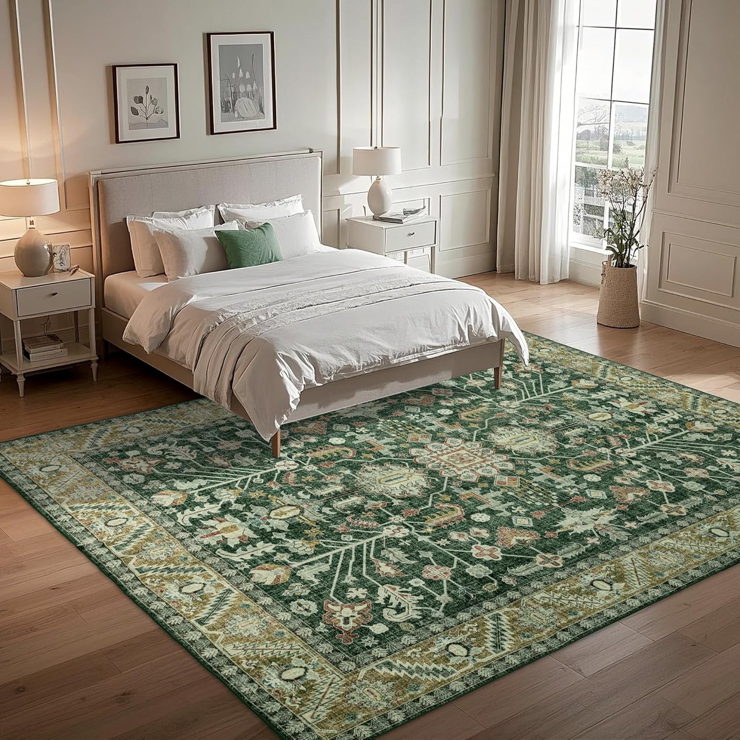 9x12 Area Rug Washable: Oriental Soft Area Rug for Living Room Bedroom No Shedding - Low Pile Thin Carpet Rug for Dining Room Non Slip - Boho Vintage Rug for Home Decor - Retro Forest Green