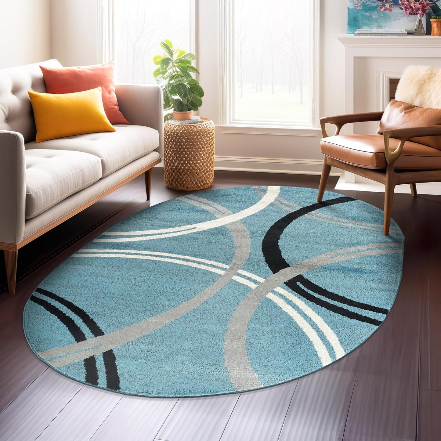 Rugshop Modern Wavy Circles Design Oval Area Rug 5' x 7' Blue