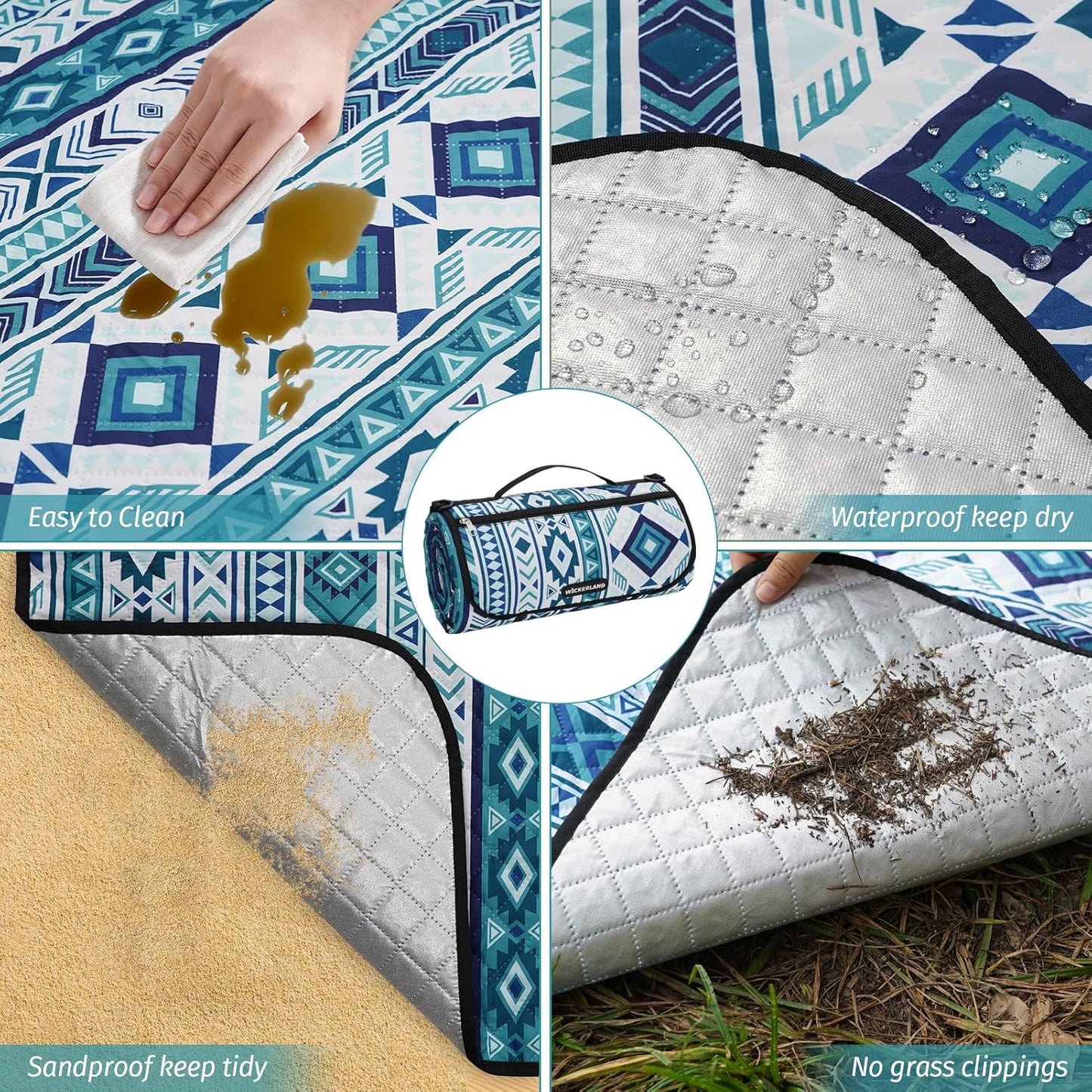 Picnic Blankets Extra Large Outdoor - Beach Blanket Waterproof Sandproof with Shoulder Strap, Machine Washable, Picnic Mat with Stakes for Grass Concert, Park, Lawn,Travel, Spring Summer. Blue