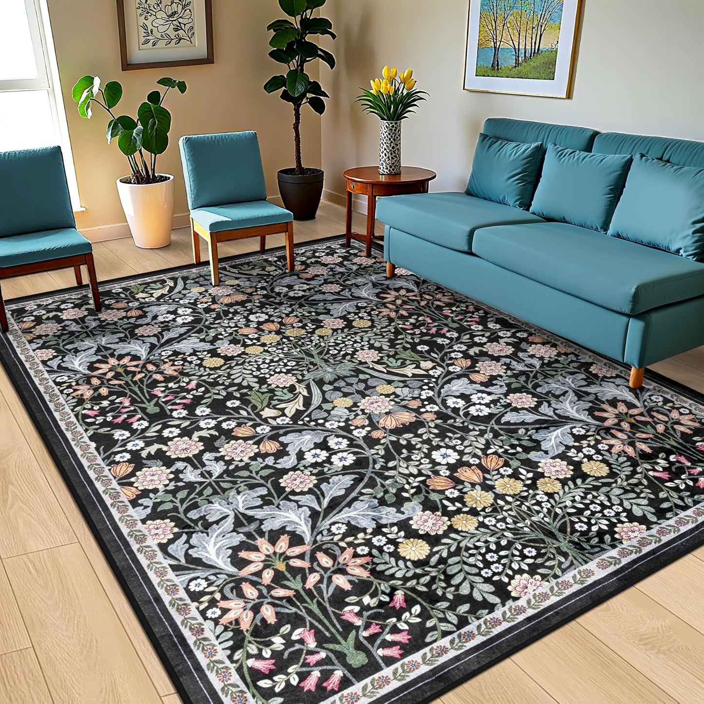 10x14 Area Rugs for Living Room: Floral Washable Rug Vintage Large Soft Boho Non-Slip Carpet Indoor Stain Resistant Low Pile Carpets for Bedroom Dining Room Farmhouse Nursery Home Office Dark Black