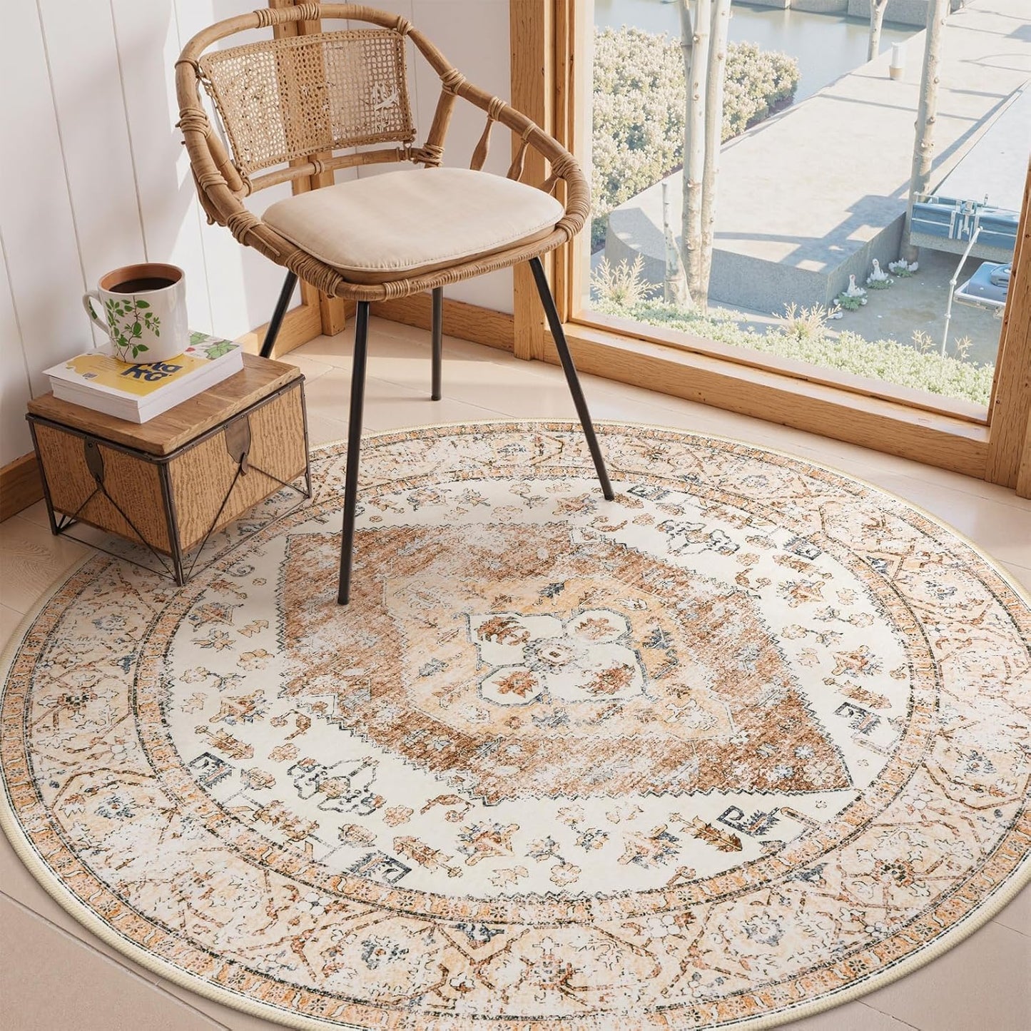 Lahome Boho Round Area Rug - 5Ft Machine Washable Round Bedroom Rugs Non-Slip Throw Large Round Rugs for Living Room, Oriental Distressed Print Circle Rugs for Office Dining Room Kitchen Classroom