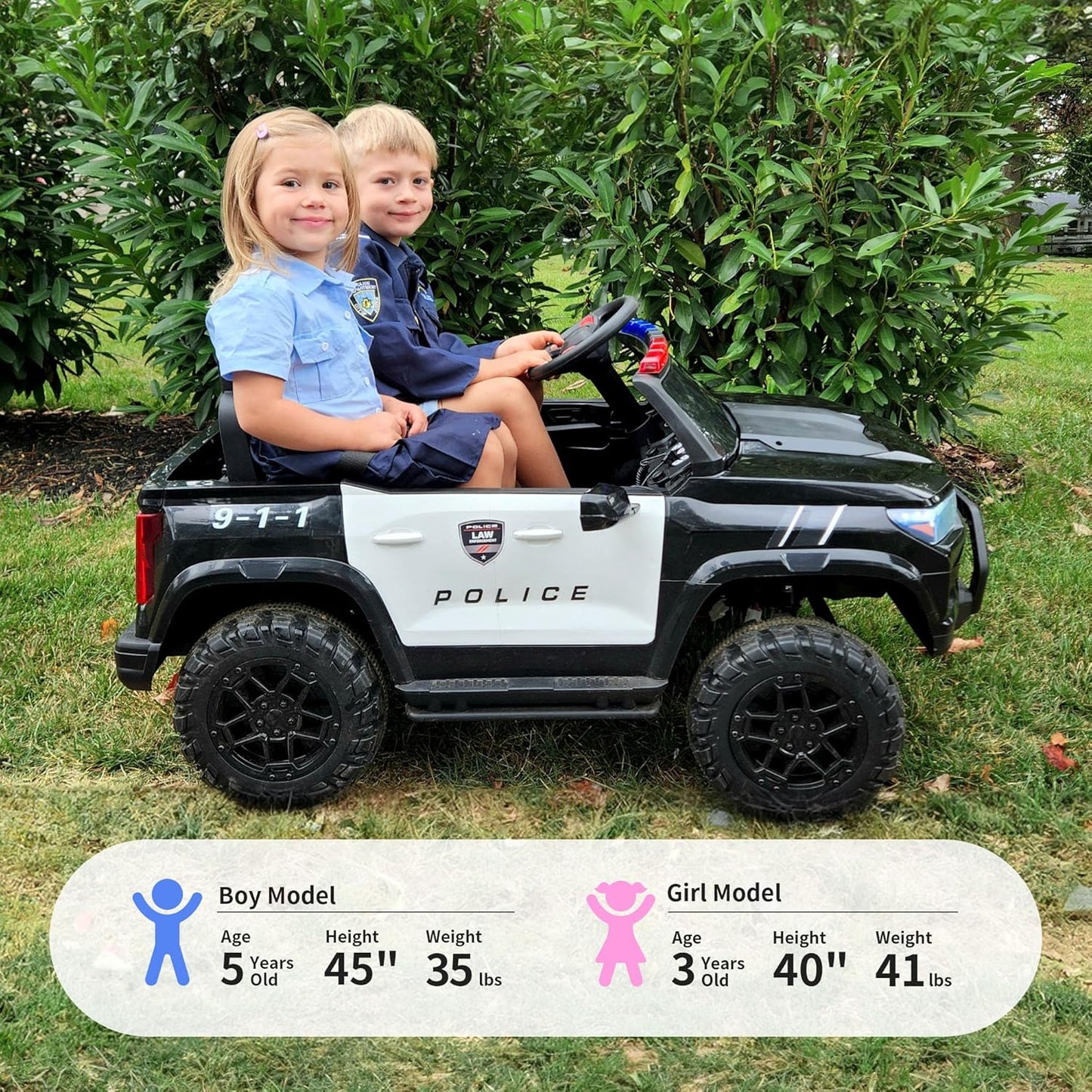 12V 7Ah Electric Police Car Ride on Toy for Big Kids, 2 Seater Kids Ride on Car SUV with Remote Control, Bluetooth - Black
