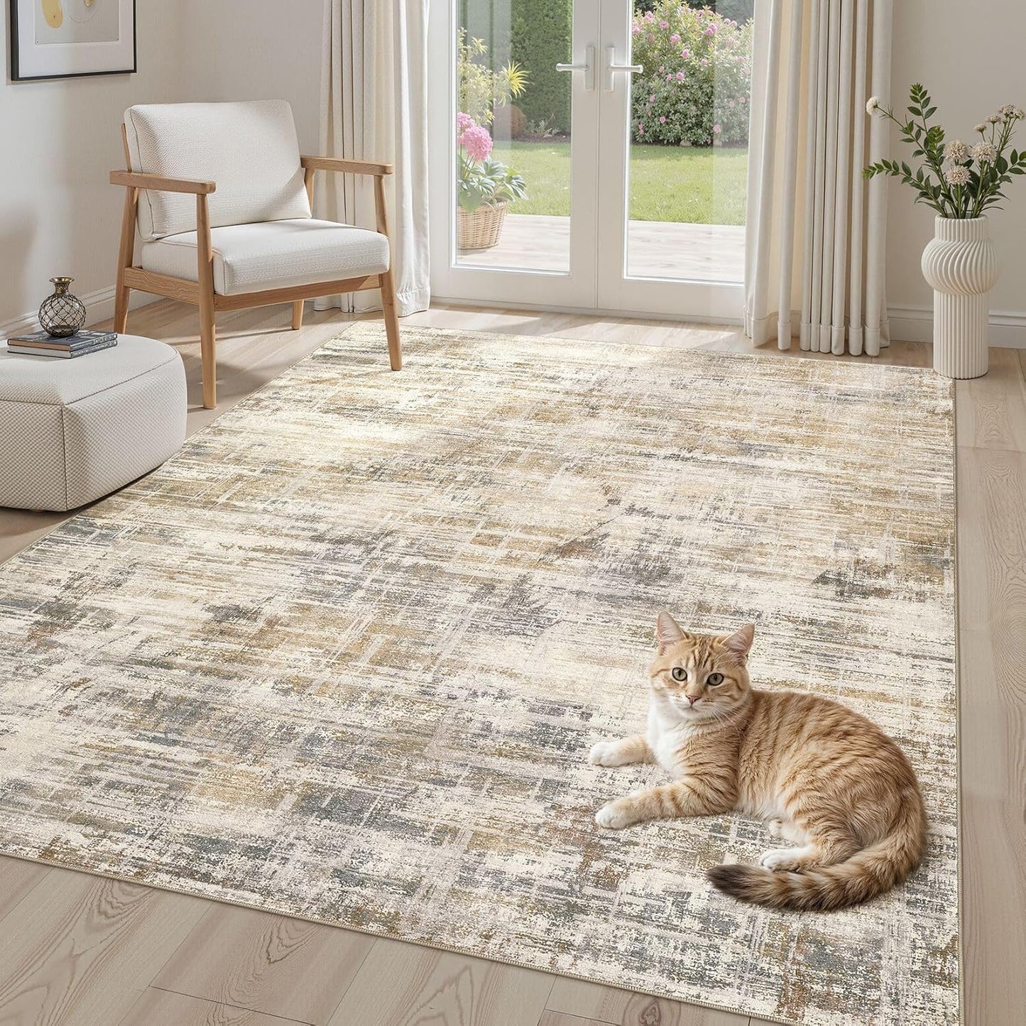 Area Rug for Living Room: 5x7 Washable Neutral Abstract Modern Soft Rugs Non Slip Indoor Floor Stain Resistant Carpet for Bedroom Dining Room Office Nursery - Golden Brown