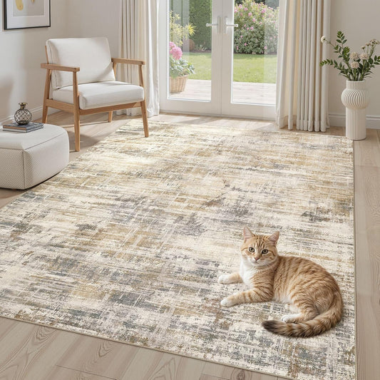 Area Rug for Living Room: 6x9 Washable Neutral Abstract Modern Soft Rugs Non Slip Indoor Floor Stain Resistant Large Carpet for Bedroom Dining Room Office Nursery - Golden Brown