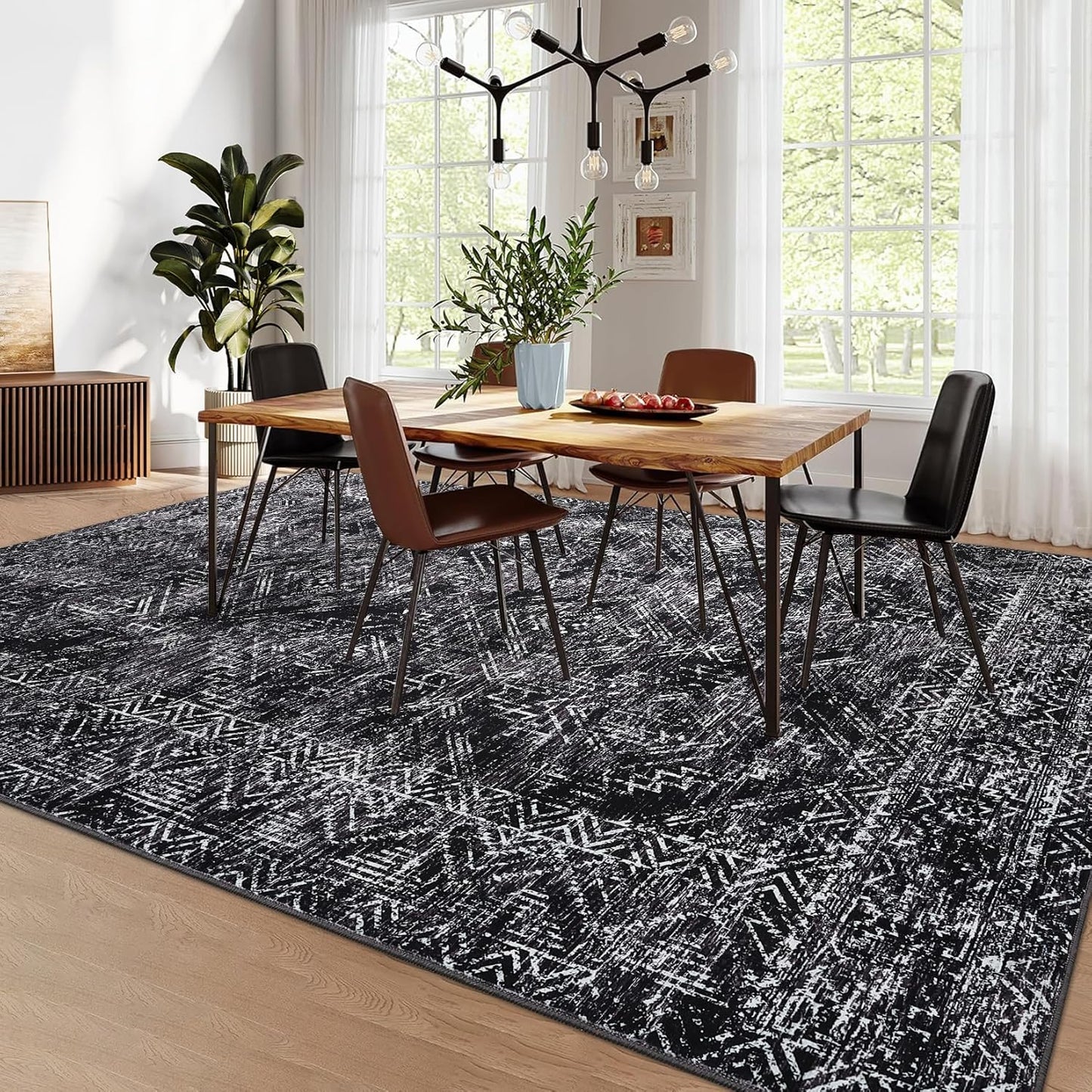 COZYLOOM Black Rug for Living Room 8x10 Washable Area Rugs Modern Abstract Floor Cover Non Slip Stain Resistant Geometric Mats Soft Throw Carpet for Nursery Bedroom Dining Room