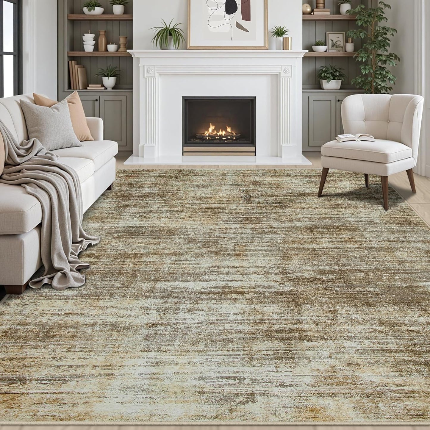 Area Rug 9x12 Washable Rugs: Abstract Large Living Room Rugs with Non-Slip Backing, Thin Carpet for Dining Room Table Bedroom Nursery Indoor Home Office-Brown