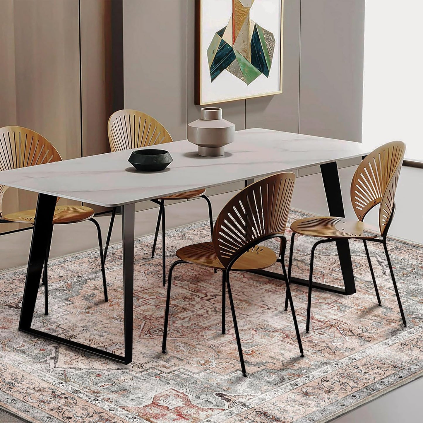 Area Rug 5'x7' Light Cyan and Light red Washable Rug Vintage Traditional Floor Cover Thin Retro Kitchen Indoor Distressed Non Slip Carpet for Living Room Bedroom Dining Room