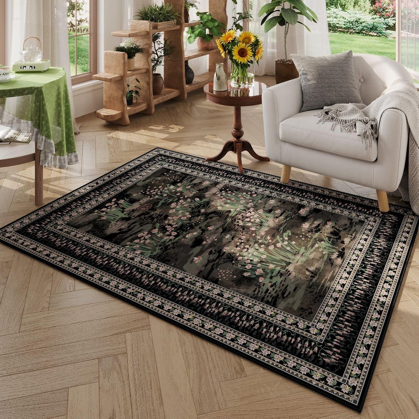3x5 Washable Rug Impressionist-Style Vintage Non Slip Low Pile Small Carpet for Bedroom Bedside Kitchen Entryway Kids Room Office College Dorm Essentials for Girls, Black