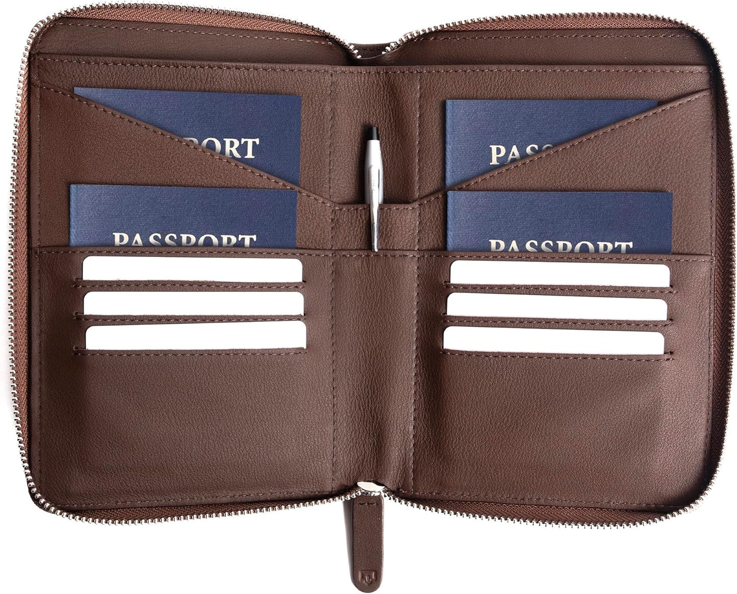 Full Grain Leather Family Passport Holder for 2-4 Passports - RFID Passport Holder and Travel Document Organizer - Large Leather Travel Wallet for Couples and Families - Brown