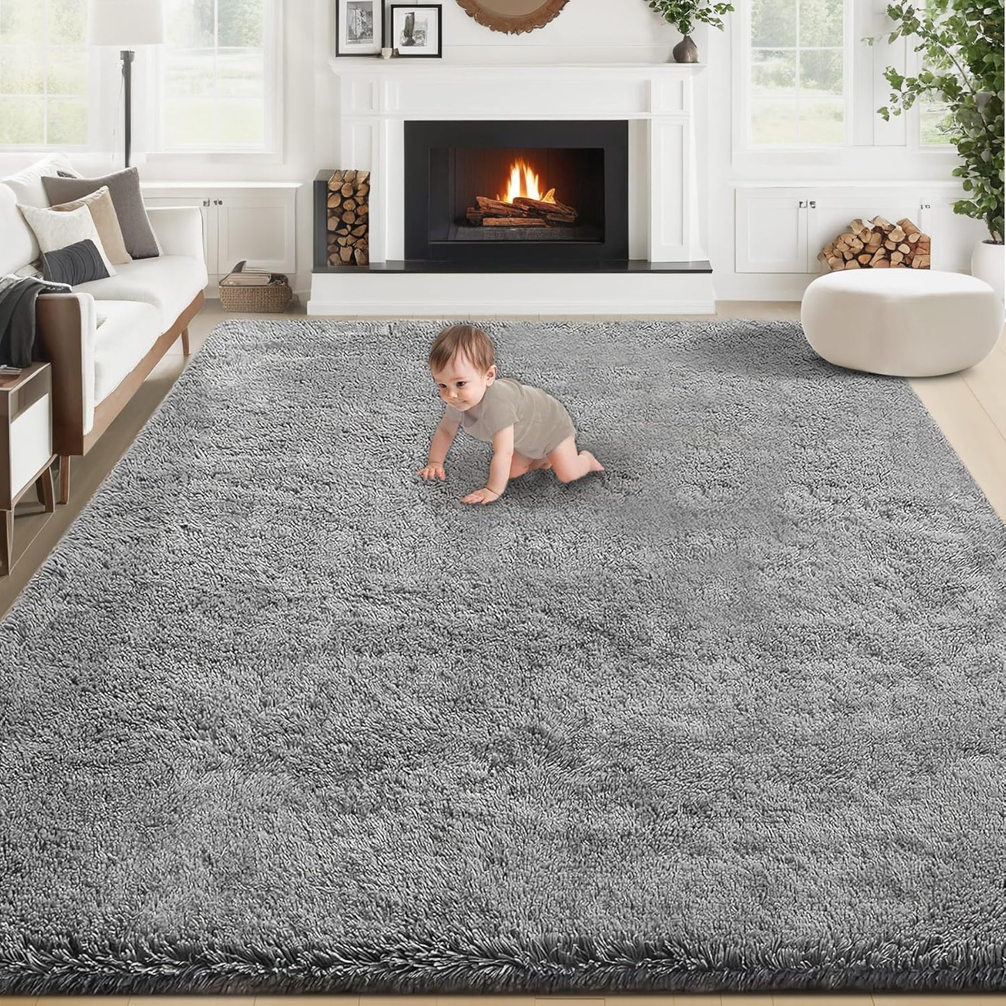 8x10 Area Rug for Living Room: Fluffy Shag Soft Washable Rugs Large Fuzzy Plush Indoor Carpet for Bedroom Nursery Playroom Kids Girls Boys Room (Grey, 8'x10')