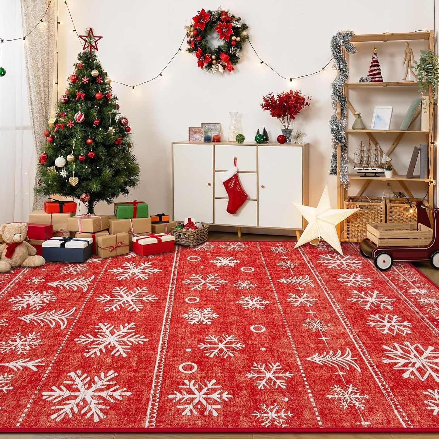 Christmas Area Rug 6x9 Red, Snowflake Washable Rugs for Bedroom Non Slip Kitchen Rug, Soft Christmas Tree Indoor Carpet for Kids Room Dining Room Entryway (6'x9', Xmas Red)