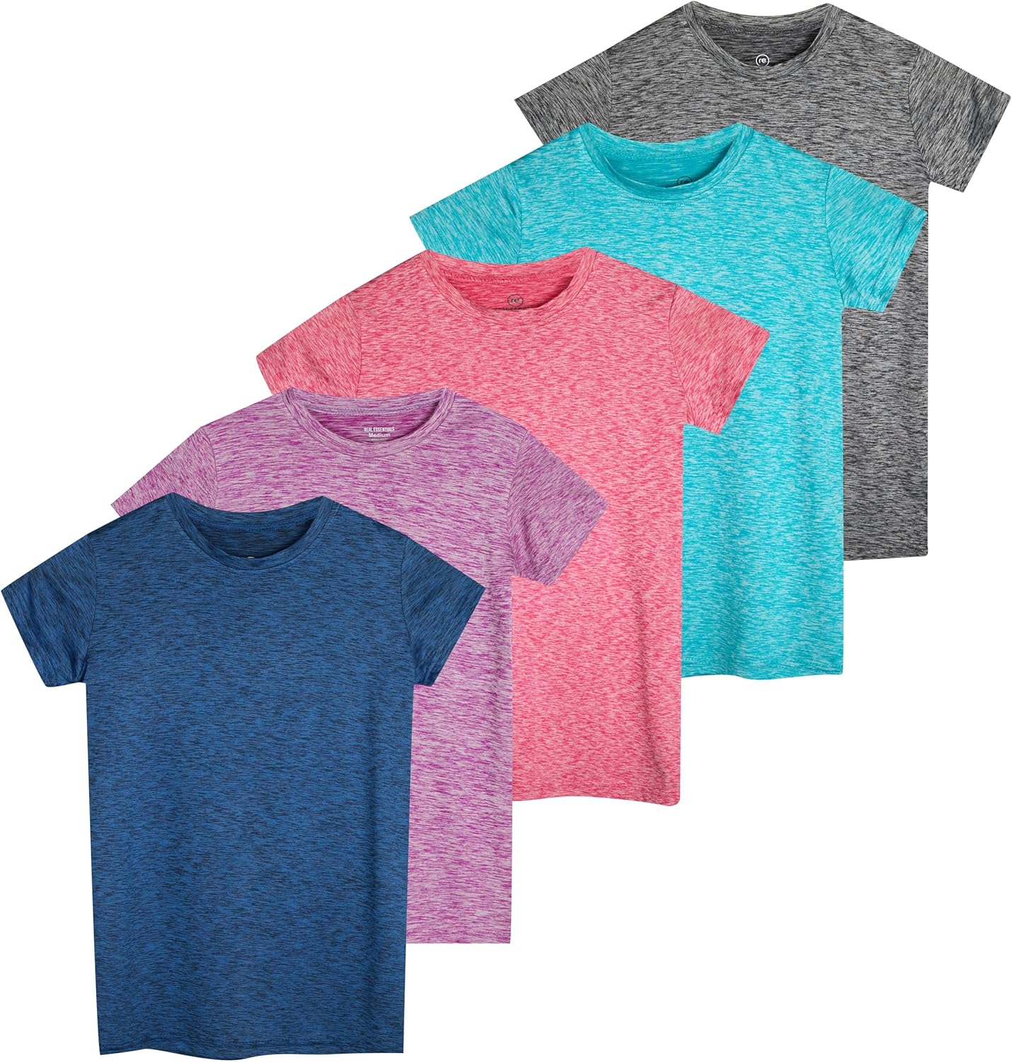 Real Essentials 5 Pack: Girls Short Sleeve Dry-Fit Crew Neck Active Athletic Performance T-Shirt