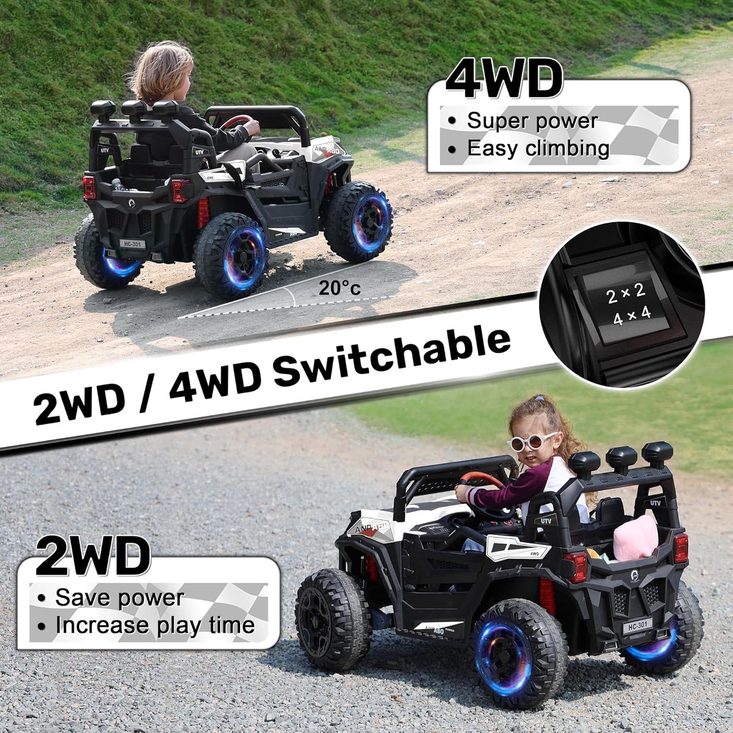 ANPABO 24V 4X4 Ride on Car Truck w/Remote Control, 4WD/2WD Switchable Kids UTV, 19" Spacious Seat, 4 Shock Absorbers, Soft Start, Music Player, Electric Car for Kids Ages 3+(White)