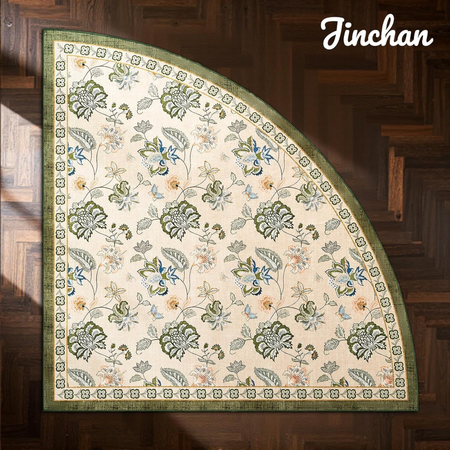 jinchan Floral Corner Rug for Living Room Washable Bedroom Rug Vintage Romance Design Non Slip Quarter Circle Lightweight Low-Pile Throw Carpet for Reading Nook Playroom,7ft Radius, Green/Beige