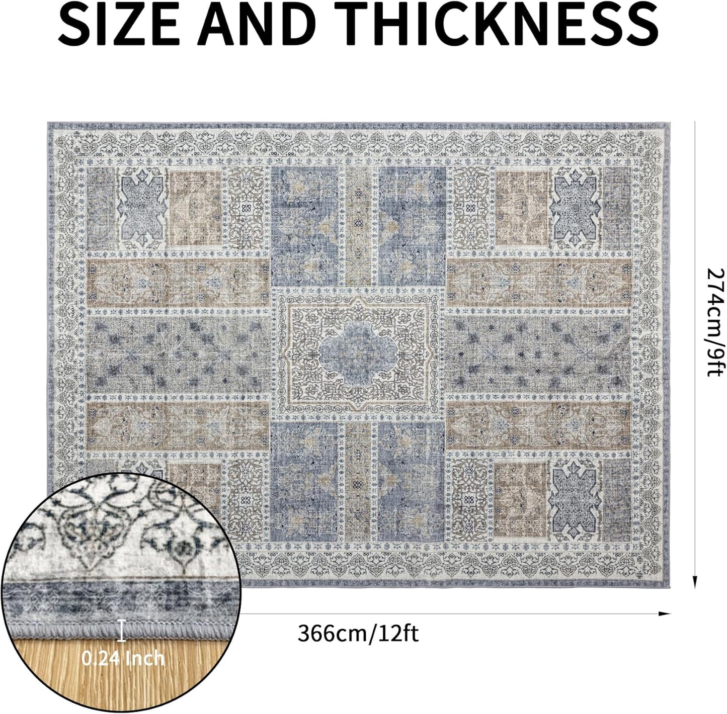 9x12 Area Rug Washable: Oriental Soft Area Rug for Living Room Bedroom No Shedding - Low Pile Thin Carpet Rug for Dining Room Non Slip - Boho Vintage Rug for Home Decor - Blue Grey