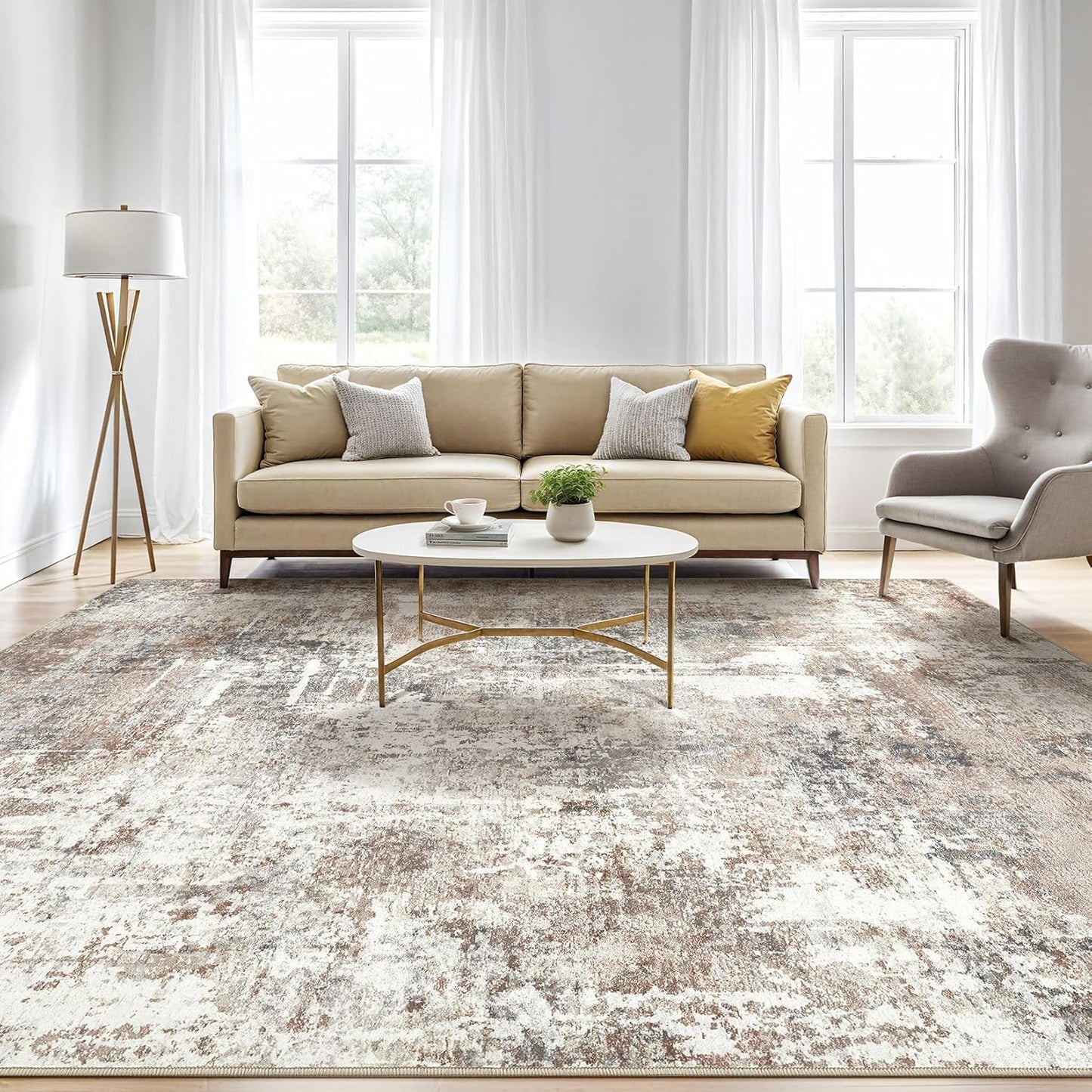 Area Rug Living Room Rugs: 5x7 Washable Large Abstract Modern Soft Stain Resistant Indoor Floor Non Slip Accent Carpet for Bedroom Nursery Playroom Dining Room Office Dorm Home House Decor- Brown