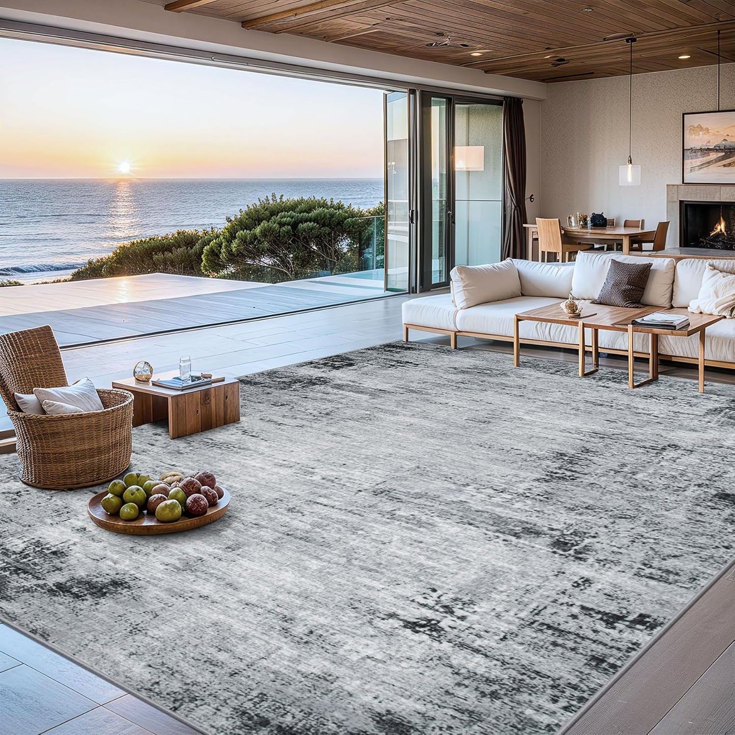 Area Rugs 9x12 Living Room - Washable Rug Modern Abstract Soft Large Neutral Non-Slip Carpet Indoor Floor Thin Carpets for Bedroom Dining Room Farmhouse Nursery Home Office Black