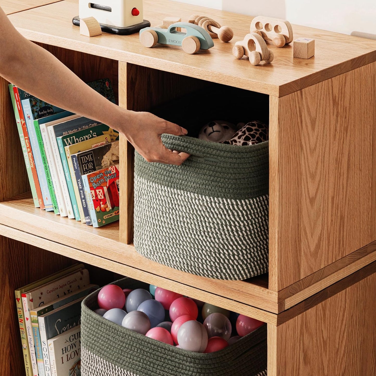 UBBCARE 4 Pack Baskets for Organizing, Woven Storage Baskets for Toys and Towel, Rectangle Cotton Rope Basket with Handles, 15''L x10''W x9''H, Mixed Green